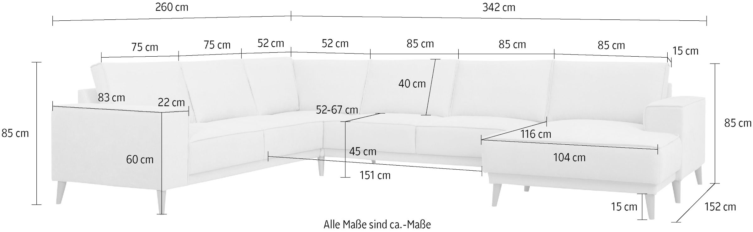 OTTO home Wohnlandschaft »Oland Skandi, weicher Chenille-Stoff« U-Form, 342 cm, Wellenunterfederung, Skandi-Design, Massivholzfüße