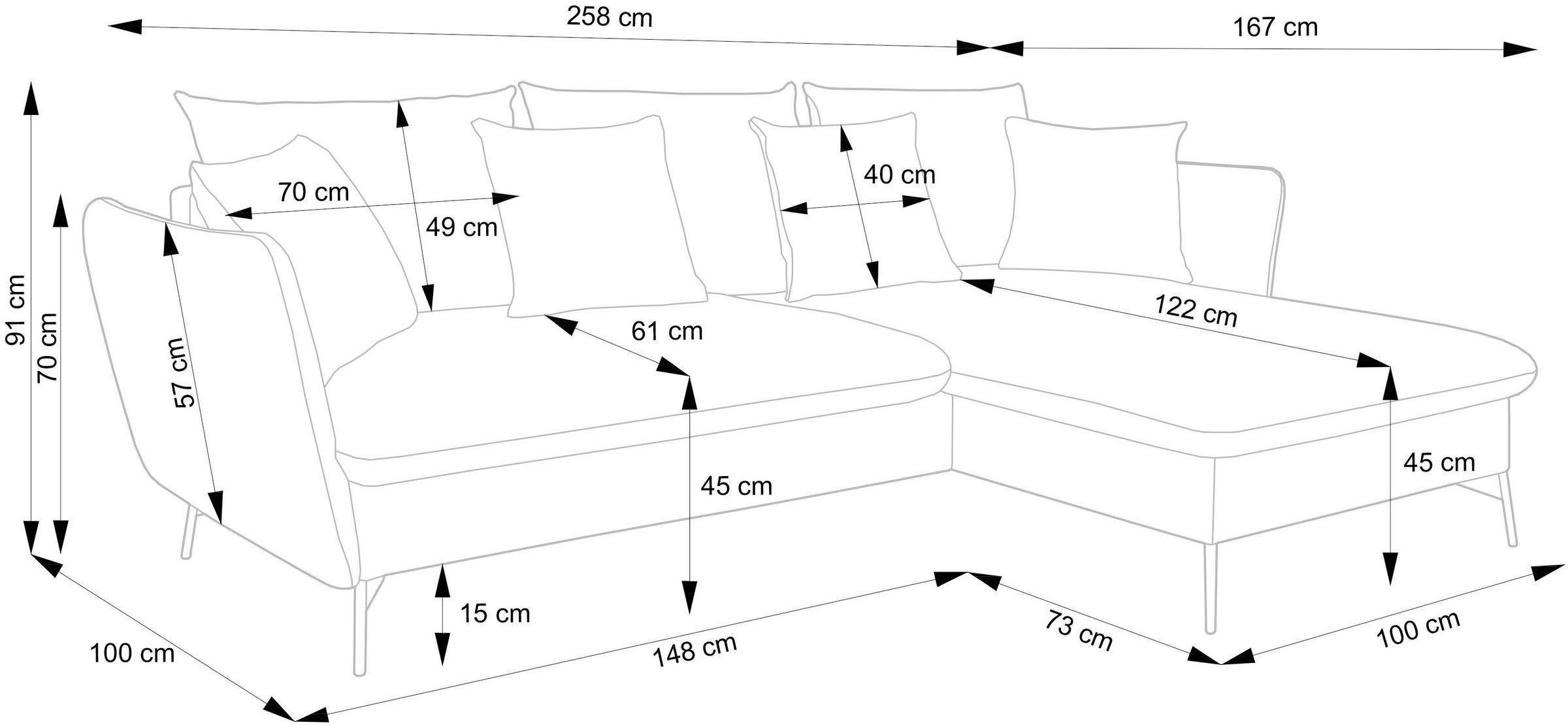 andas Ecksofa »LIVORNO,258 cm, L-Form,«, Schlaffunktion u. Bettkasten (139/224cm), Samt, Struktur, Webstoff