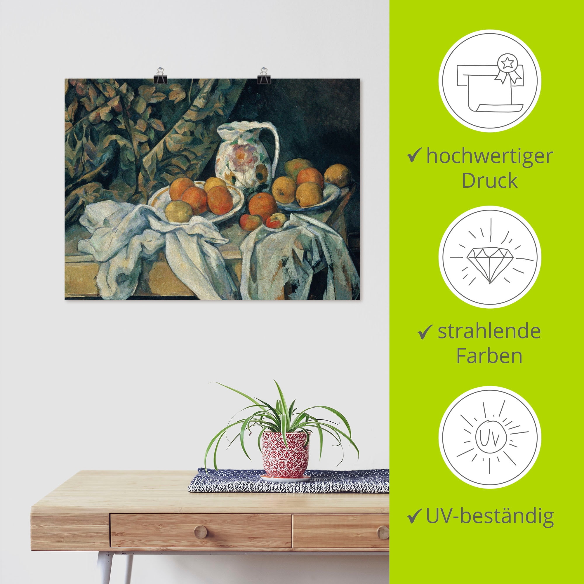 Artland Kunstdruck »Stillleben mit Pfirsichen und Flaschen«, Arrangements, (1 St.), als Leinwandbild, Wandaufkleber oder Poster in versch. Größen