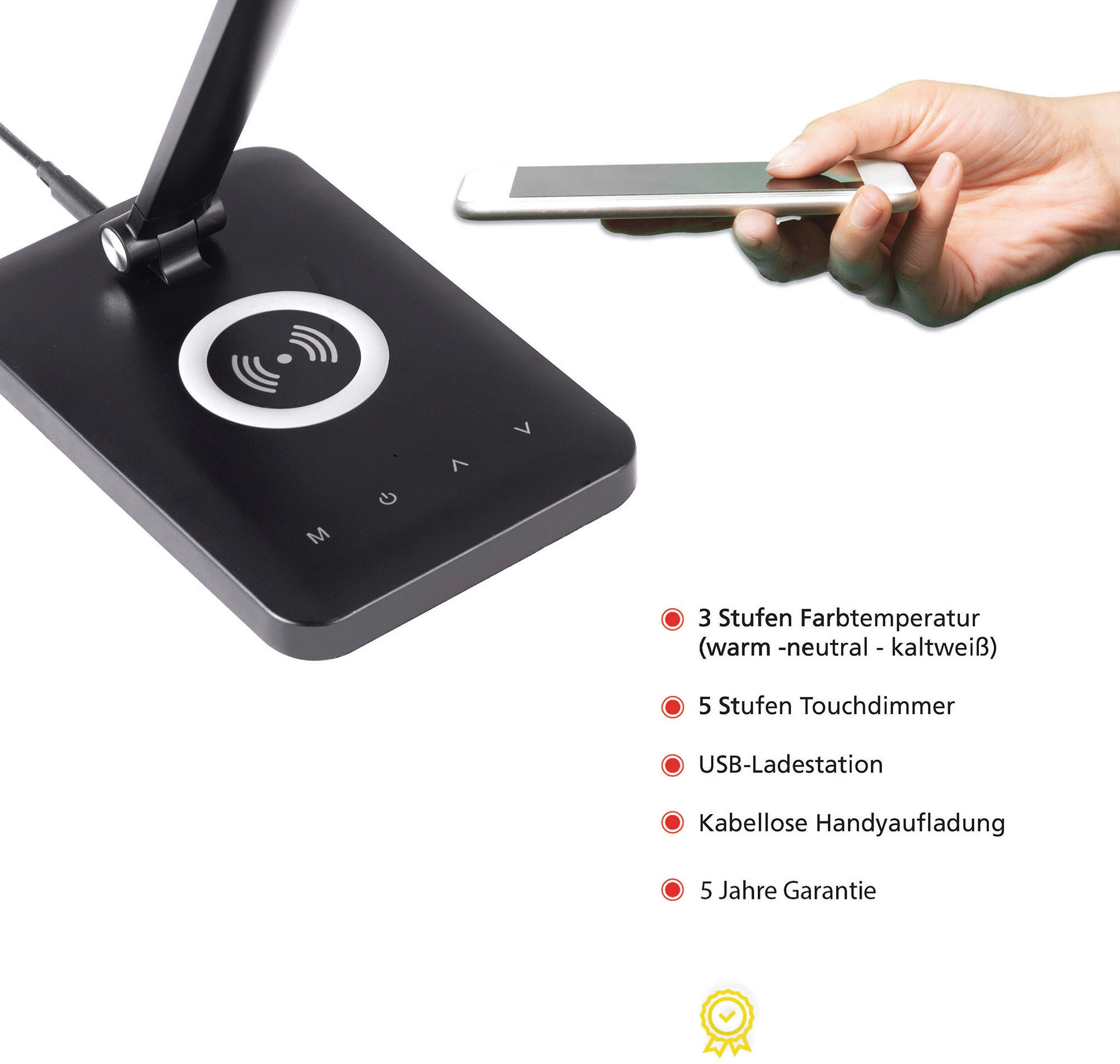 JUST LIGHT LED Tischleuchte »FLORENTINA«, 1 flammig, Leuchtmittel LED-Board | LED fest integriert, Touchdimmer, CCT, Ladefunktion für Handy über USB oder per Induktion