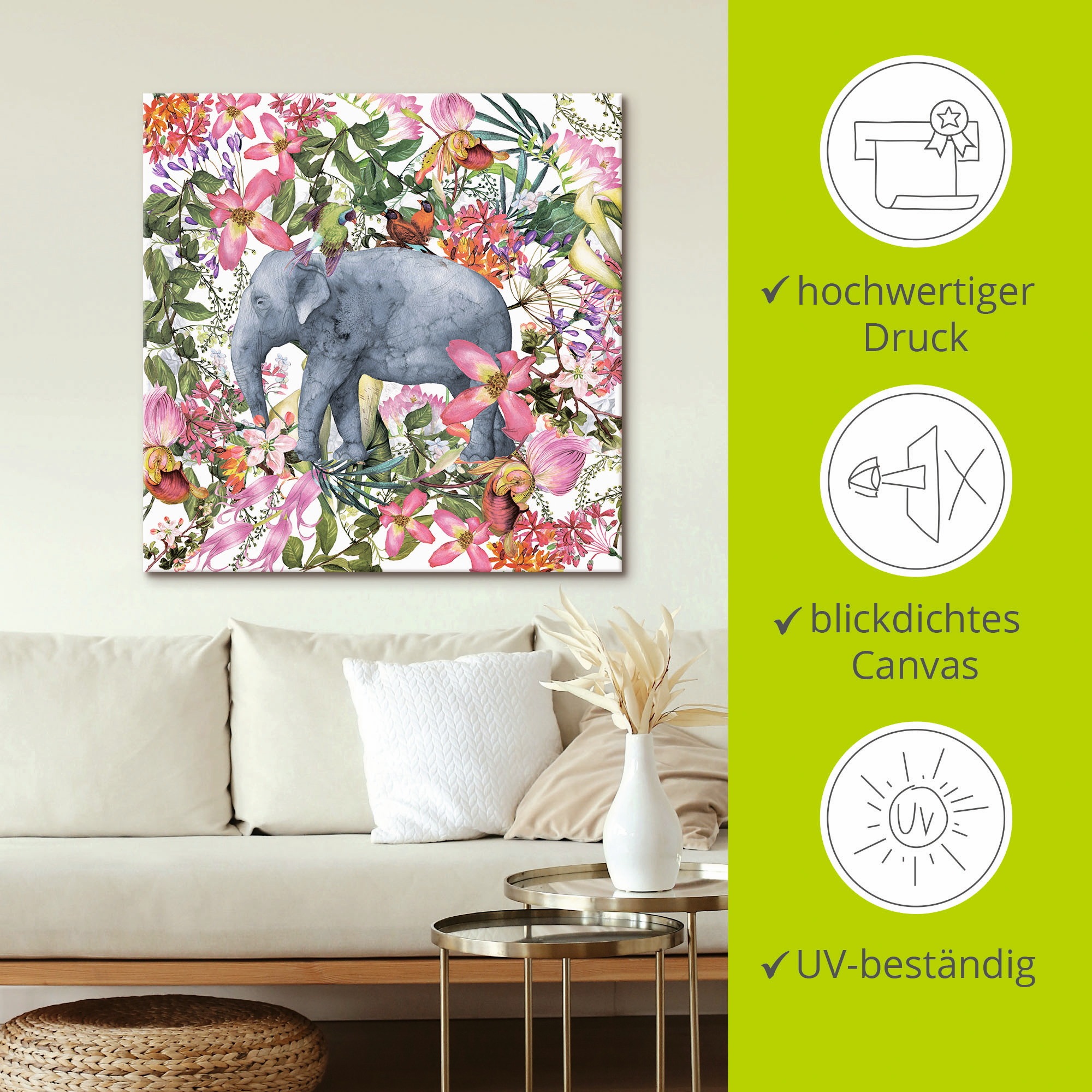 Artland Wandbild »Elefant im Blüten Dschungel«, Wildtiere, (1 St.), als Leinwandbild, Poster in verschied. Größen