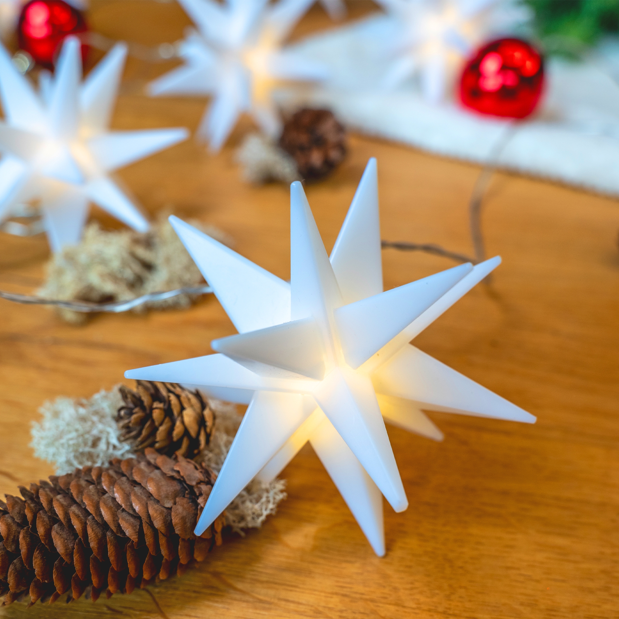 OTTO home LED-Lichterkette »10er 3D-Sterne, Timer, Länge 4,5m, Rot, Weiß oder Gelb, Indoor Outdoor« 10 Stk.-flammig mit Zeitschaltuhr, 4,5 m beleuchtet & 3 m Zuleitung, innen, außen