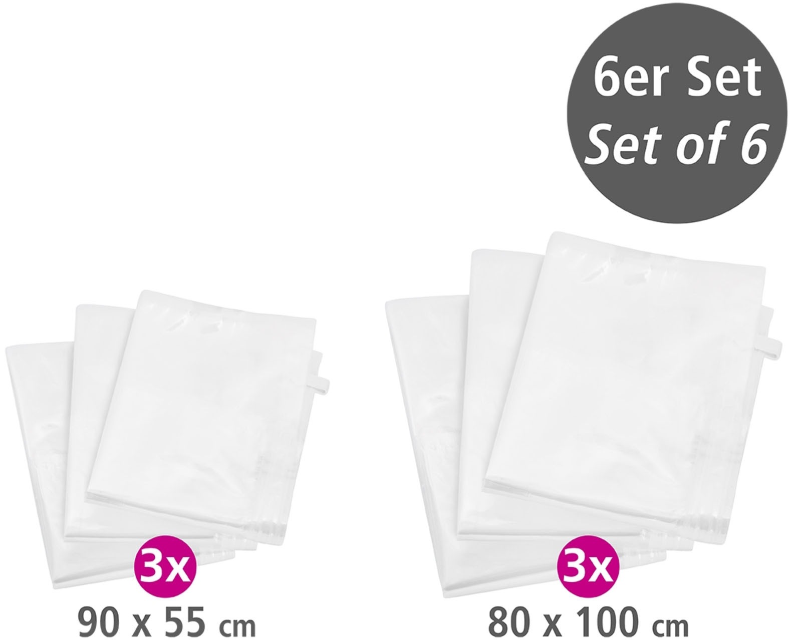 WENKO Vakuumierbeutel »Reise-Set«, (Set, 6 tlg.), Vakuumbeutel für Kleidung zur platzsparenden Aufbewahrung, 2 Größen