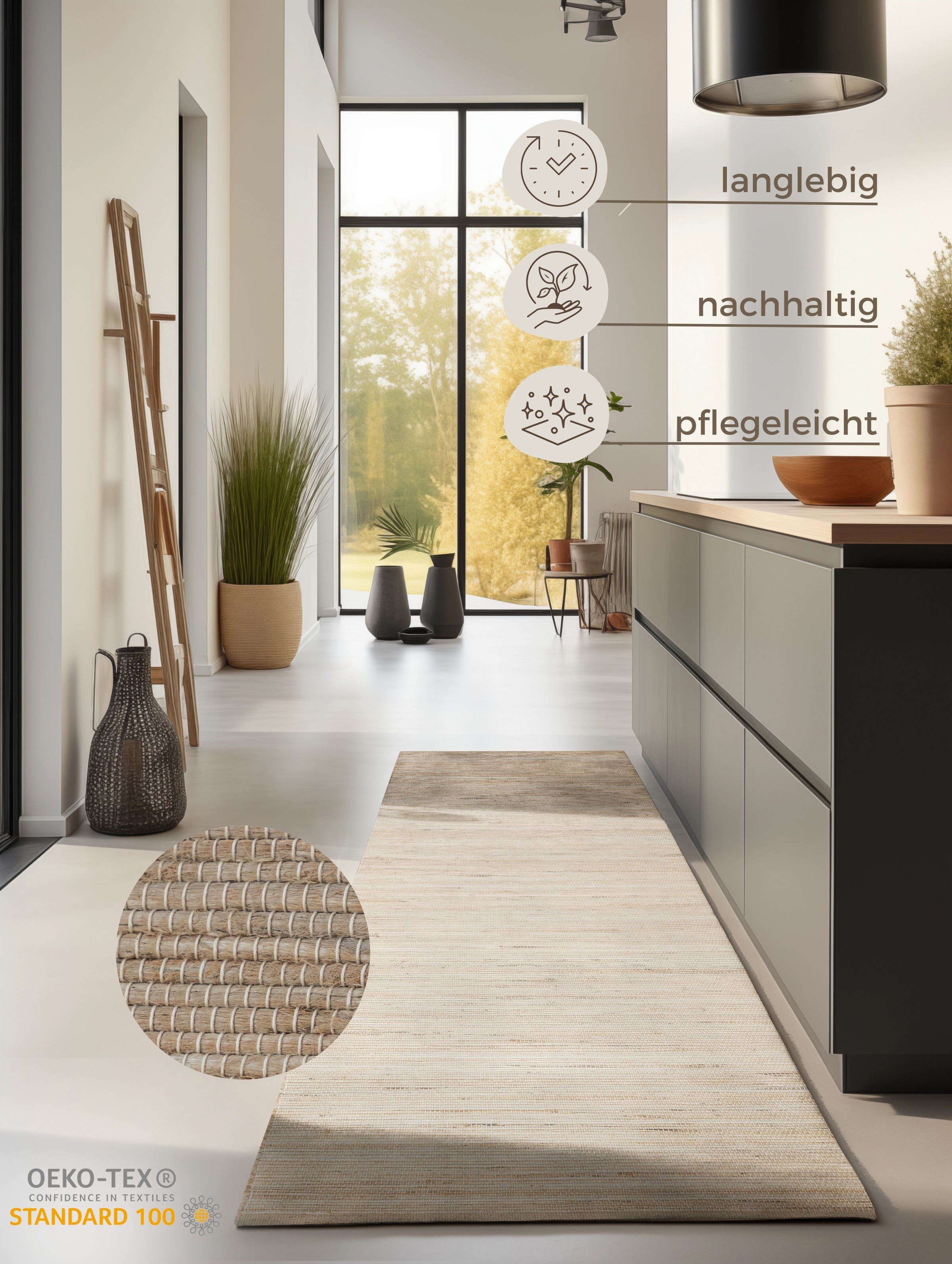 HANSE Home Teppich »Dhaka Juteteppich«, rechteckig, 5 mm Höhe, Läufer, handgewebt, Jute, Wolle, Natur, Wohnzimmer, Flur, Klassisch
