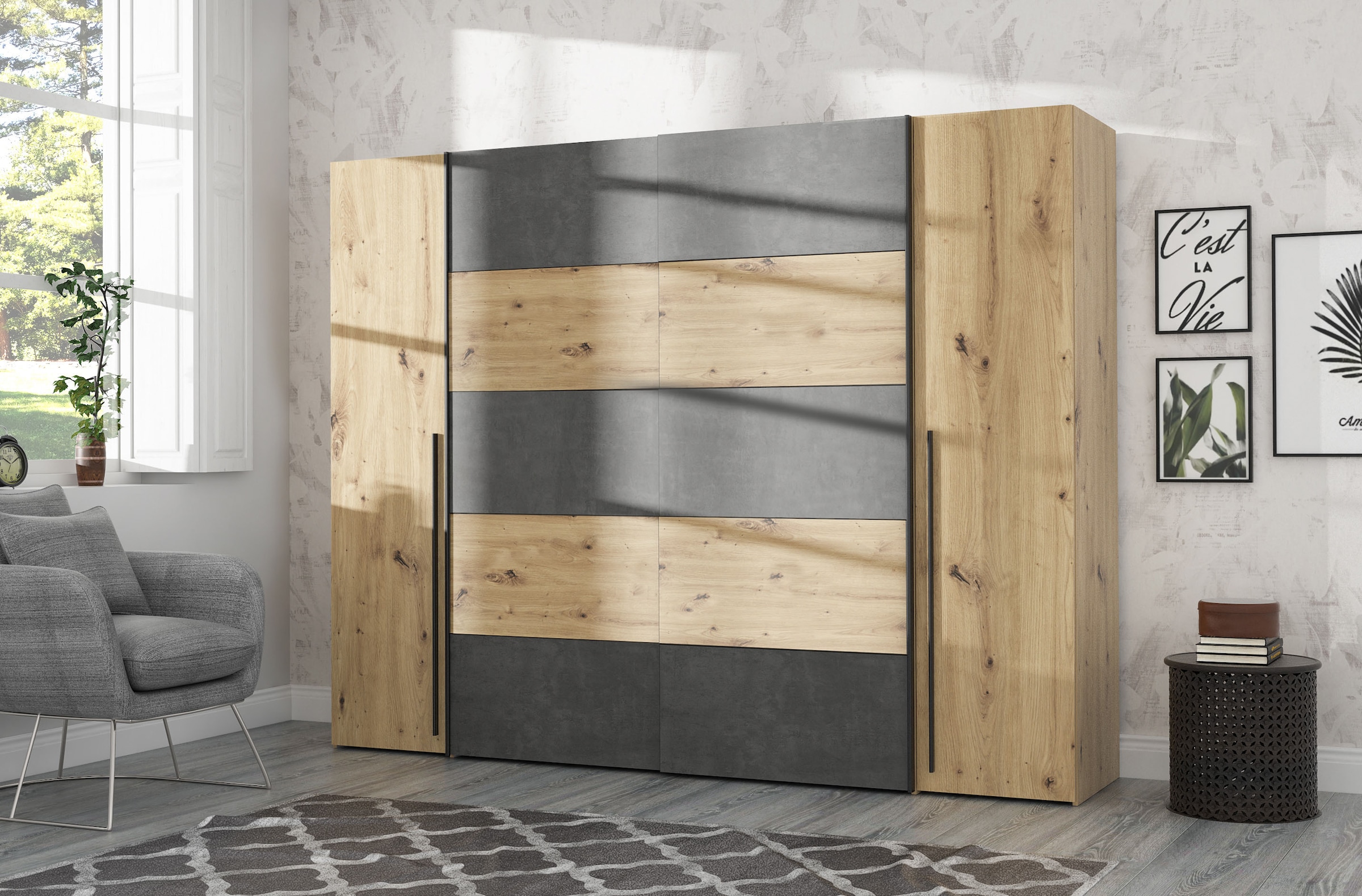 FORTE Dreh-/Schwebetürenschrank »Narago, TOPSELLER zum TOP Preis! In verschiedenen Farben«, (Farbe Weiß auch mit Spiegeln erhältlich), mit zahlreichen Einlegeböden, viel Stauraum, Made in Europe