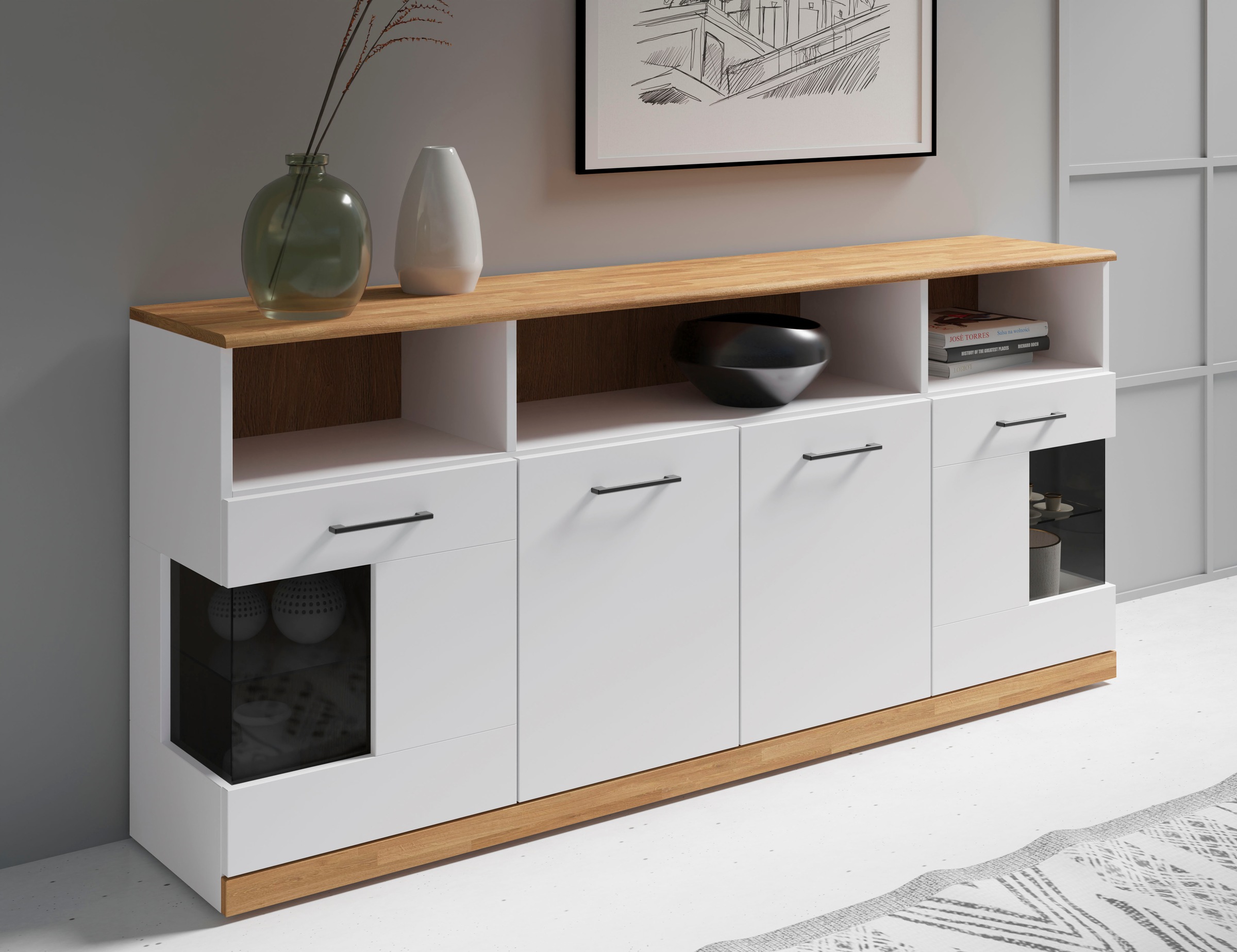 Home affaire Sideboard »Ribe,180cm breit,Oberplatte aus Massivholz, 9 Fächer«, Oberplatte Massivholz,schwarze Metall Griffe,2 Türen mit Glaseinsatz