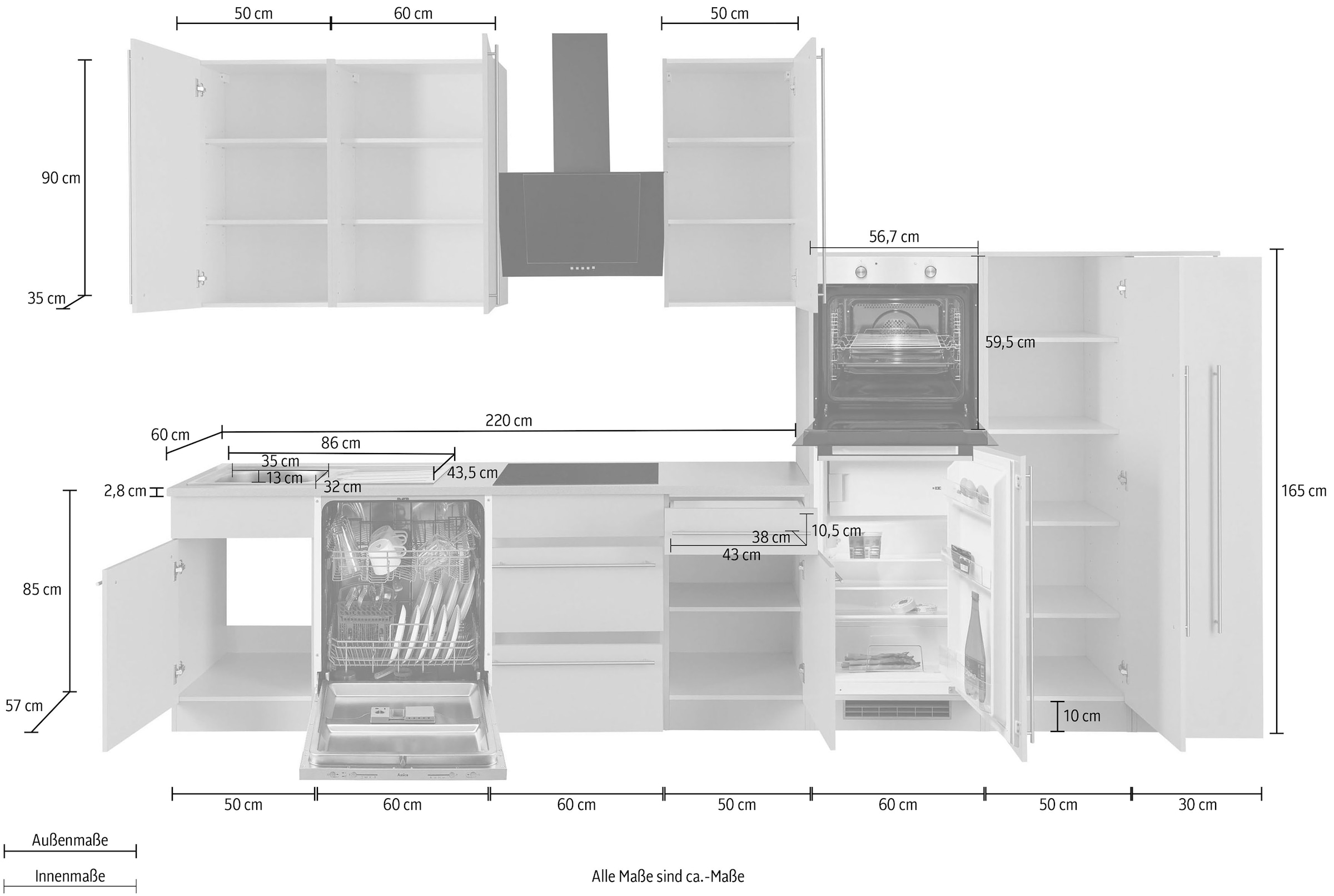 wiho Küchen Küchenzeile »Chicago« mit E-Geräten, Breite 360 cm