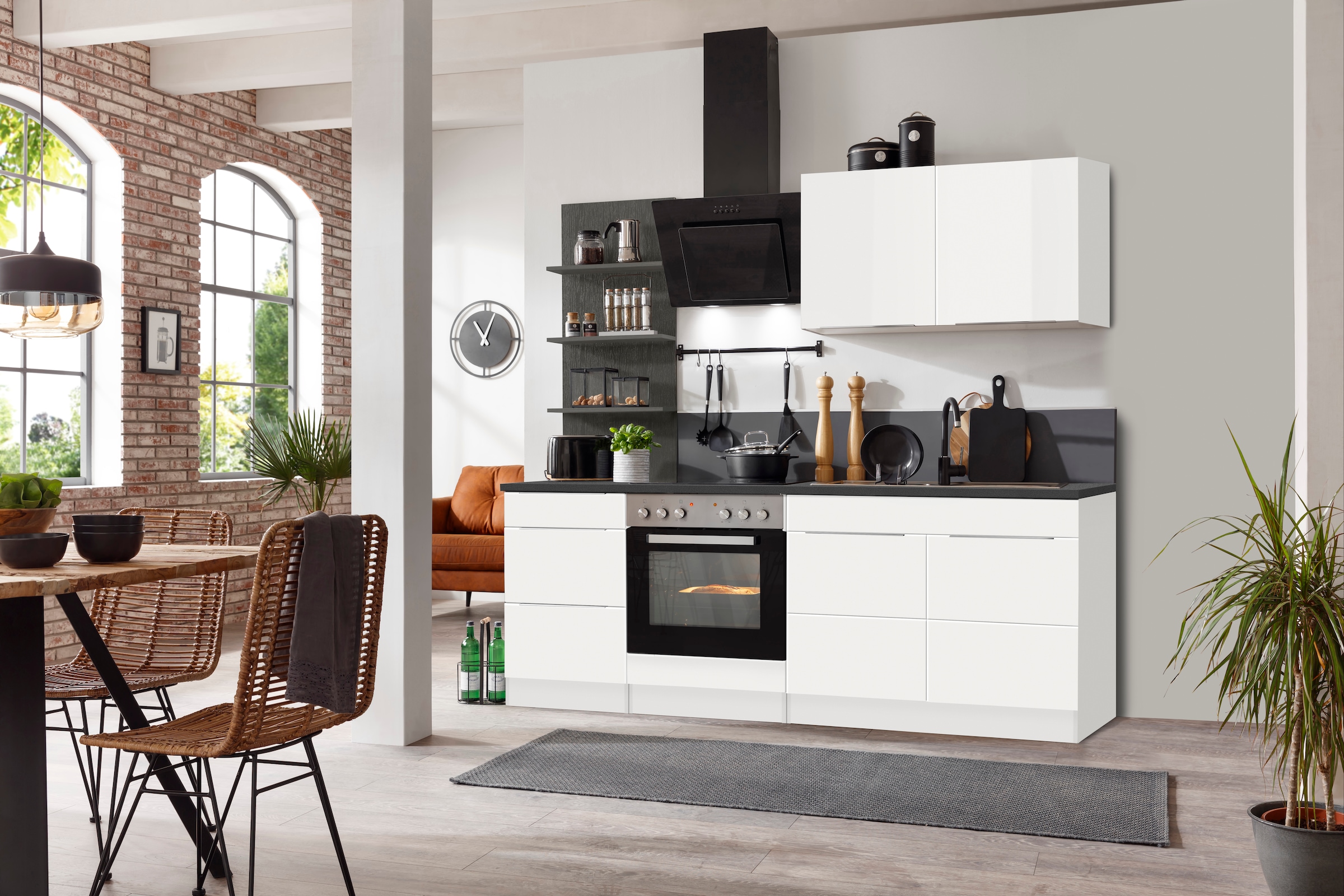 KOCHSTATION Küchenzeile »KS-Brindisi«, Breite 210 cm, wahlweise mit E-Geräten, mit MDF-Fronten und Regal