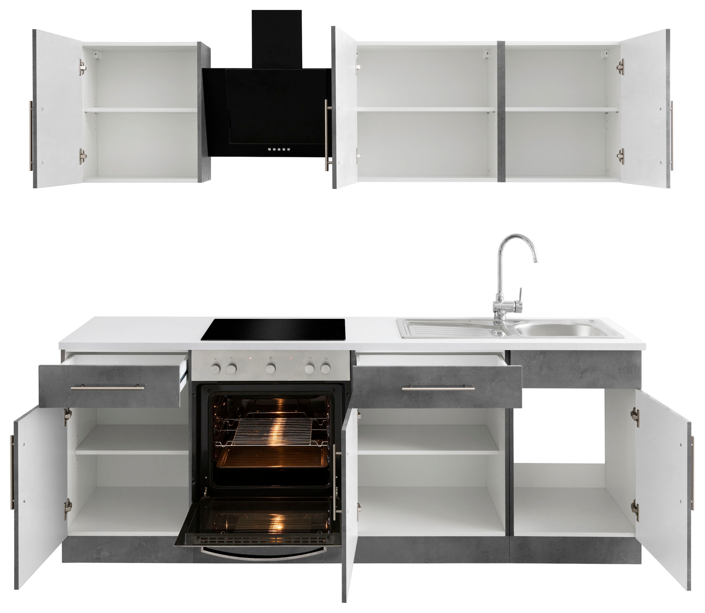 wiho Küchen Küchenzeile »Cali, TOPSELLER« mit E-Geräten, Breite 220 cm mit Metallgriffen