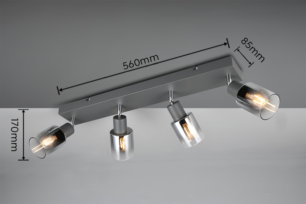 REALITY Leuchten Deckenstrahler »CADIZ, Spot 4-flammig, exkl 4xE14 max 10W, Glas anthrazit, verspiegelt« E14 1 Stk. warmweiß - kaltweiß verstellbarer Deckenspot E14 Fassung, mit Glasschirm smoke Farbverlauf