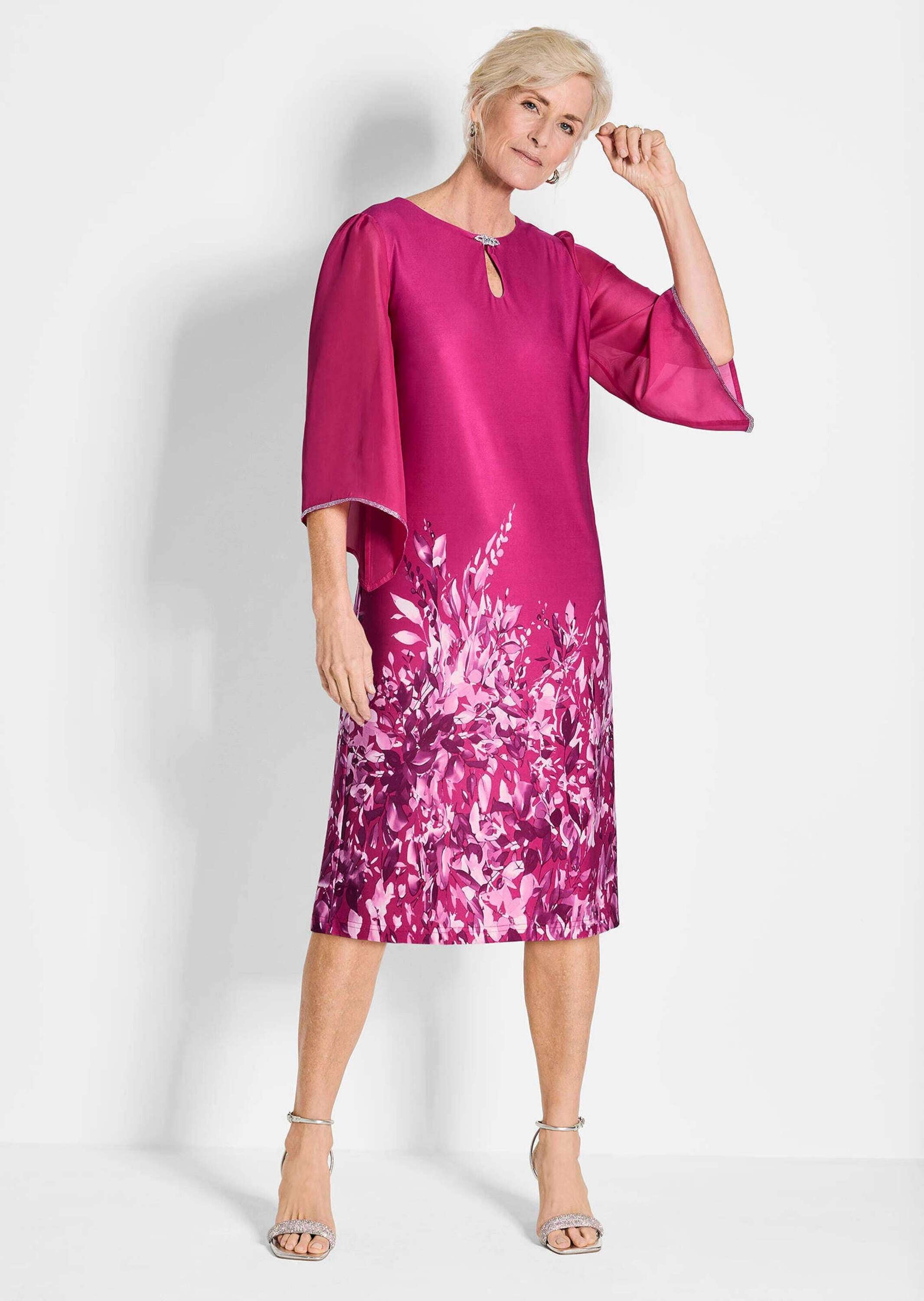 GOLDNER Sommerkleid »Kurzgröße Pinkes edles Chiffon-Kleid mit 3/4-Arm«