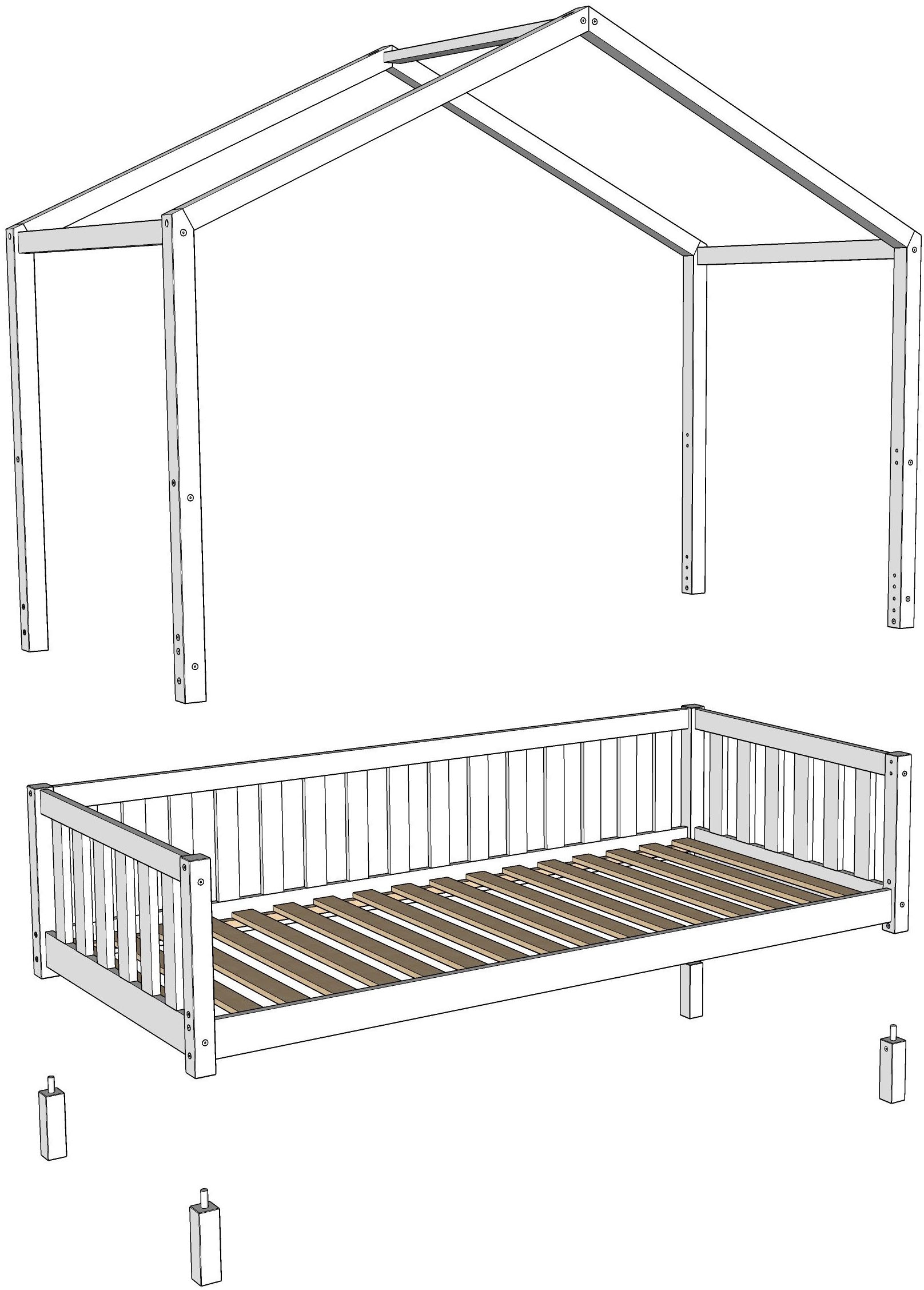 Vipack Hausbett »Dallas, Massivholzbett mit Dachaufbau umbaubar vom Boden- zum Daybett« inkl. Lattenrost, Rausfallschutz, Sprossen, 90 oder 140x200 cm breit,  stabil und standfest gebaut, wahlweise Kiefer massiv natur oder weiß