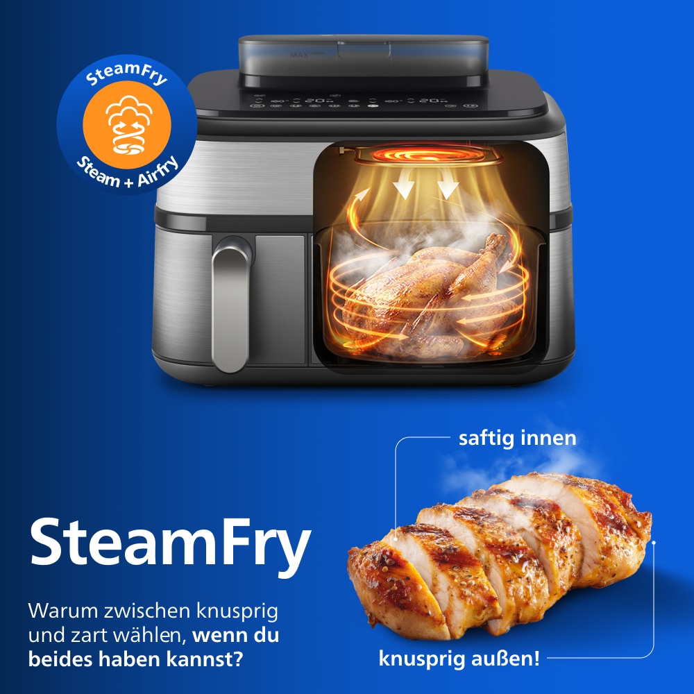 Philips Heißluftfritteuse »NA555/00 Steam Airfryer 5000 Series Dual Basket, 9L Kapazität (3L+6L)« 2750 W mit Dampfgar-Funktion; Silber/Edelstahl
