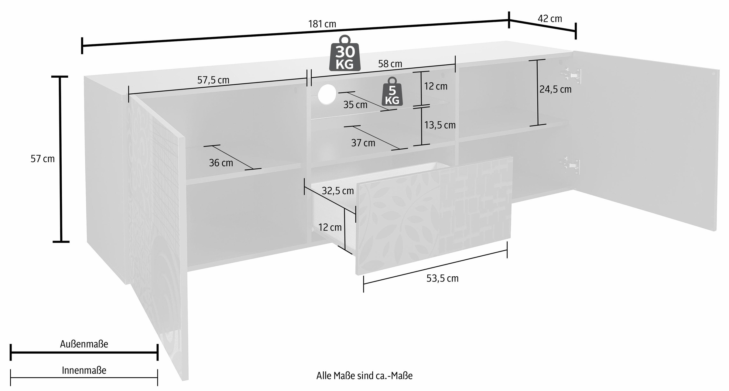 INOSIGN Lowboard »Miro«, Breite 181 cm mit dekorativem Siebdruck