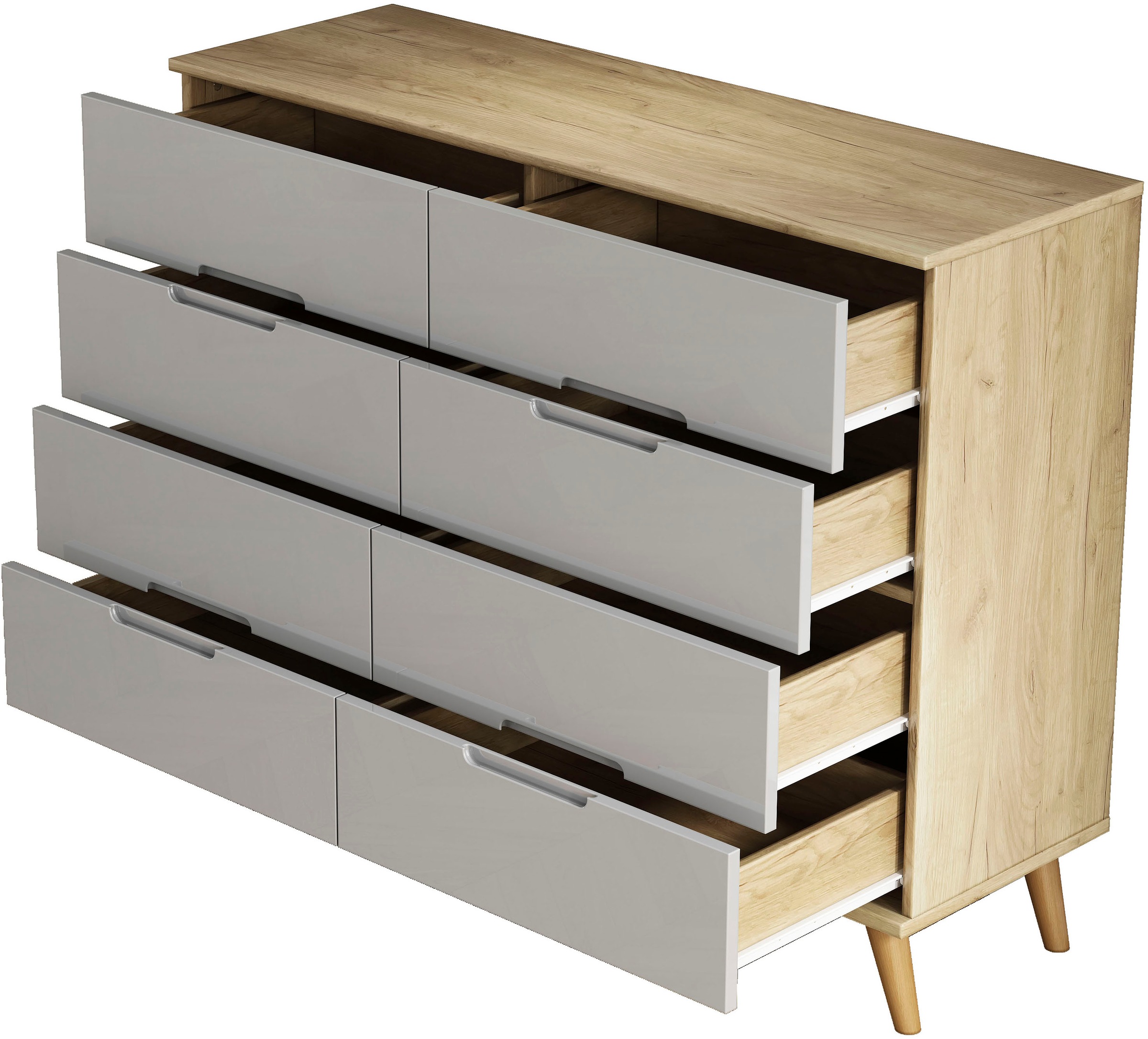 OTTO home Kommode »Lund« mit glänzenden Fronten, Griffmulden, helles Holzdekor, Breite 120 cm