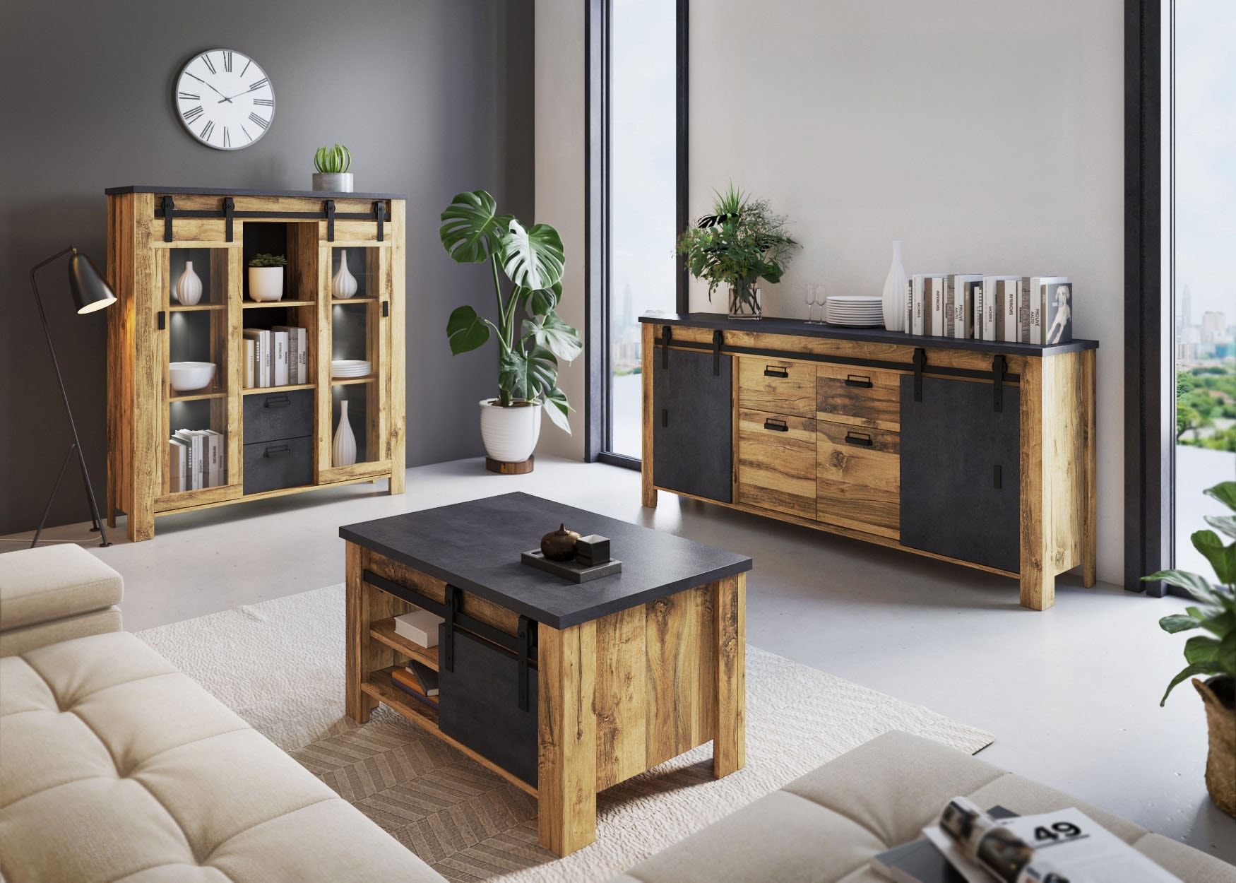 Home affaire Couchtisch »York, Beistelltisch, Wohnzimmertisch mit Scheunentorbeschlag«, mit Ablagemöglichkeiten, in Hunton Oak und Anthrazit