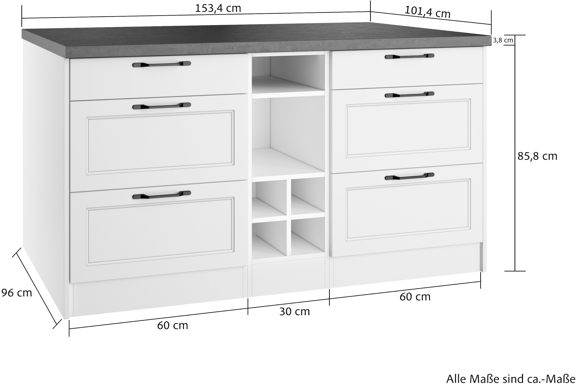 KOCHSTATION Kücheninsel »KS-Lani, Breite 153 cm, mit Flaschenregal«, MDF-Fronten, Arbeitsplatte 38mm stark