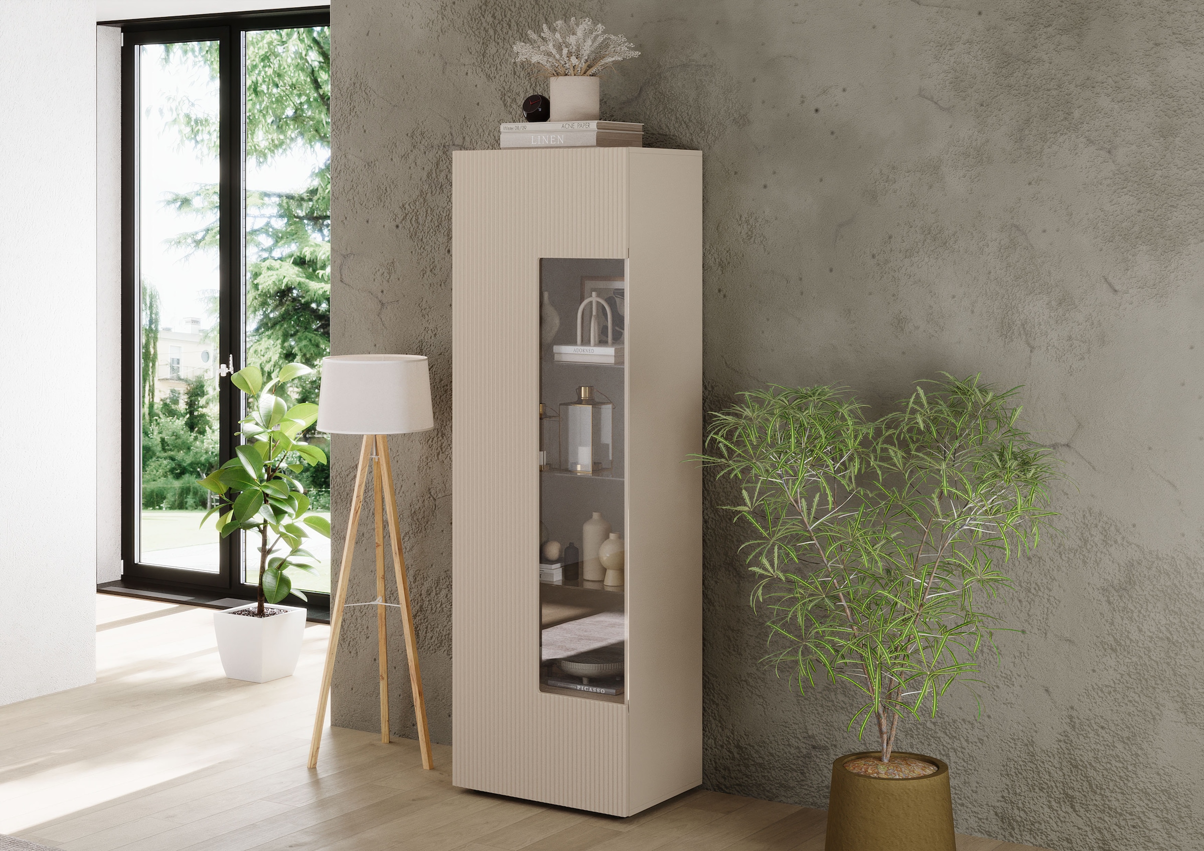 INOSIGN Vitrine »RIO, Höhe 187 cm, Hochschrank mit 1 Tür, Anrichte, Standvitrine«, geriffelte Front, modern u. elegant, viel Stauraum