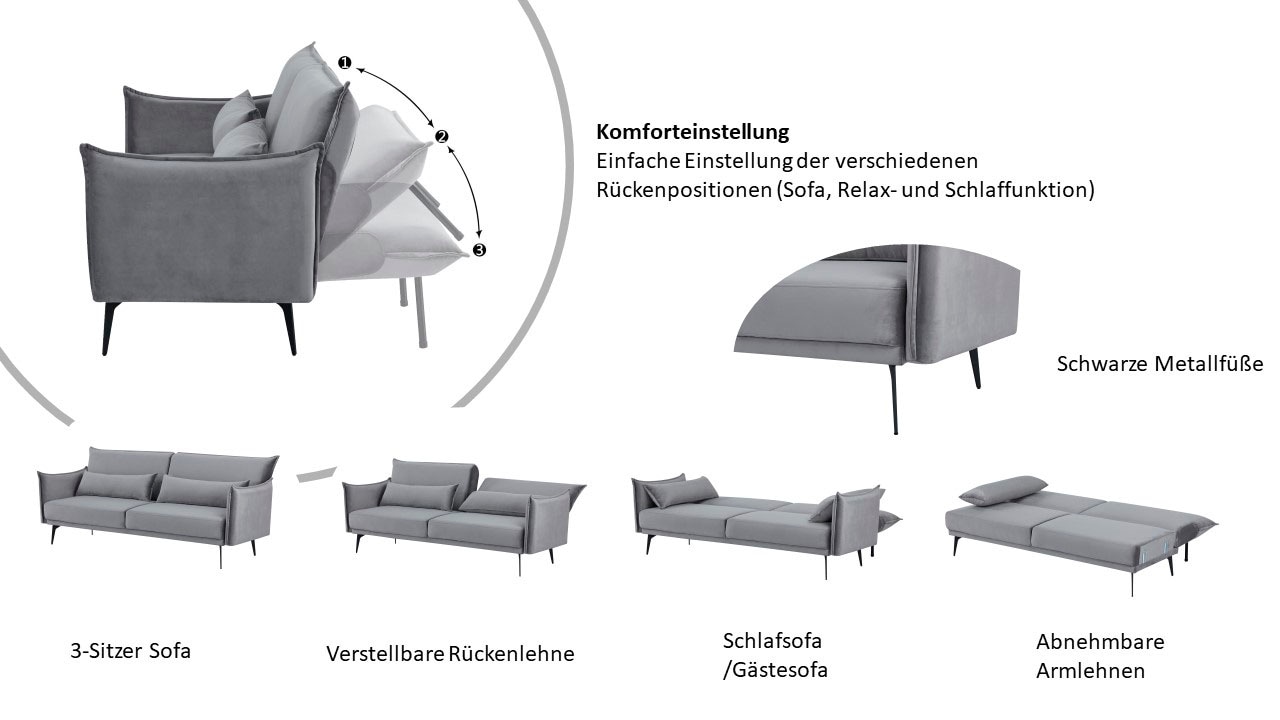 INOSIGN Schlafsofa »TULARE, 204 cm, klappbarer 3-Sitzer mit verstellbarer Rückenlehne,«, Schlaffunktion, Velvet-Samtvelours u. Webstoff