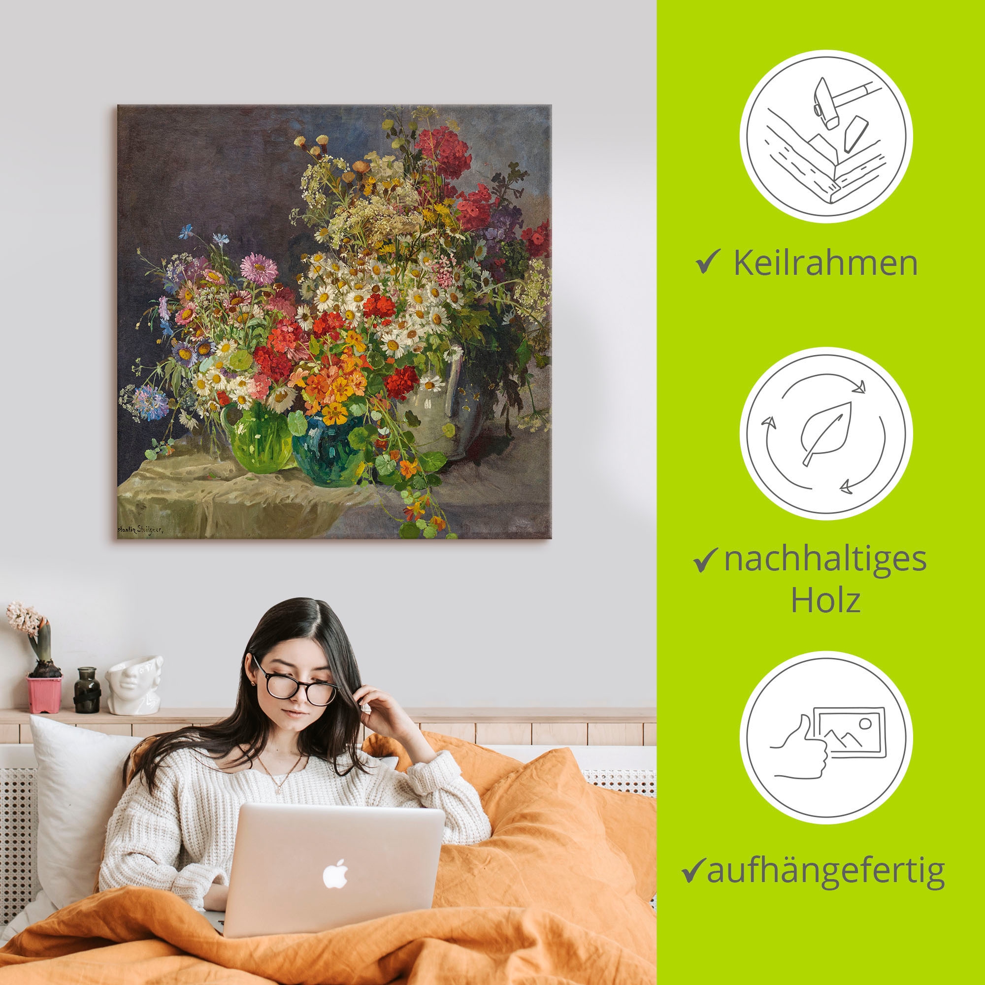 Artland Leinwandbild »Stillleben mit Wiesenblumen in Krügen.«, Arrangements, (1 St.), auf Keilrahmen gespannt
