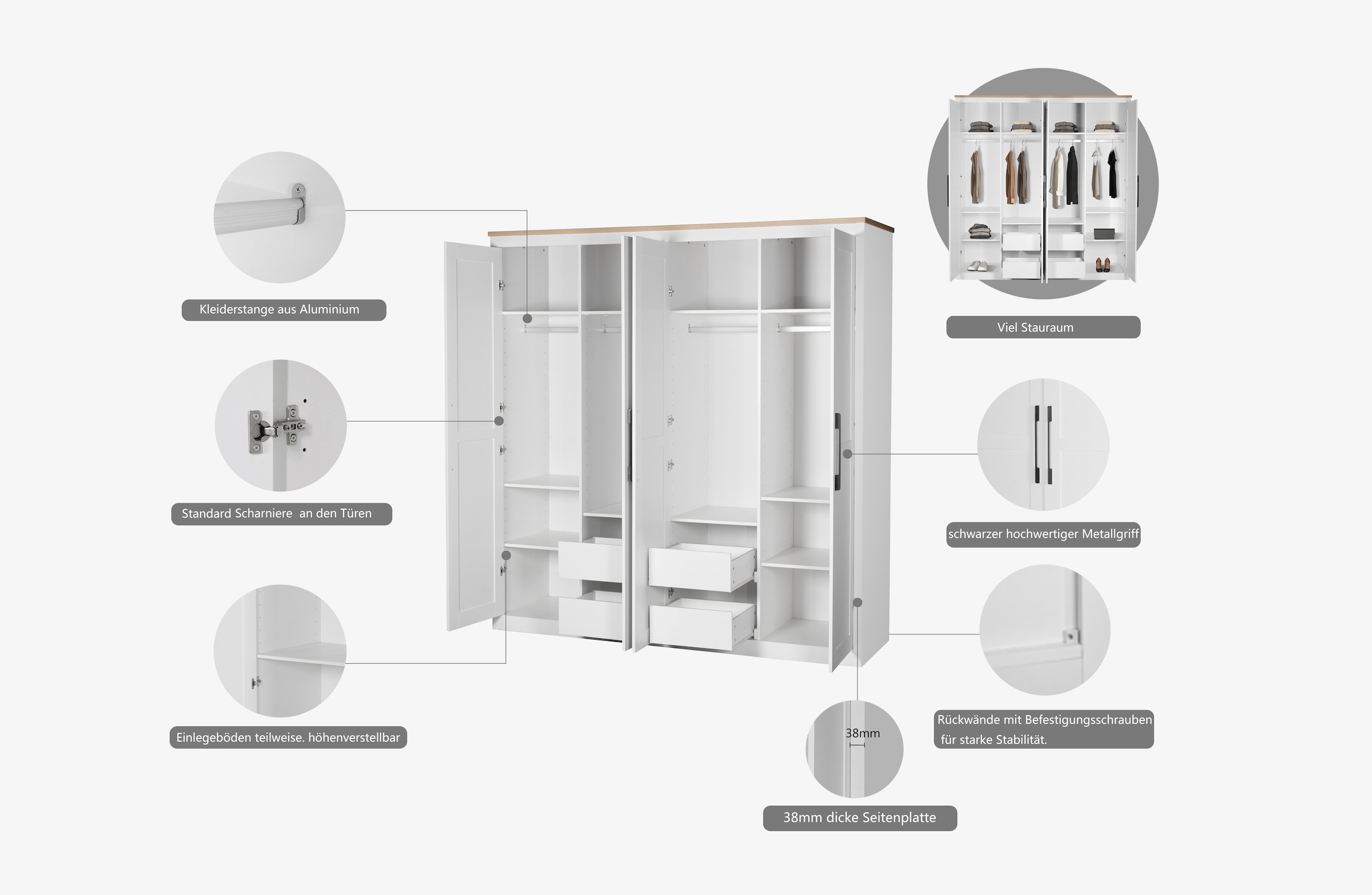OTTO home Kleiderschrank »Büsum Schlafzimmer Schrank« stabile robuste Bauweise mit optimaler Aufteilung,  Schlafzimmerschrank Landhaus Design Garderobe Schrank Bestseller
