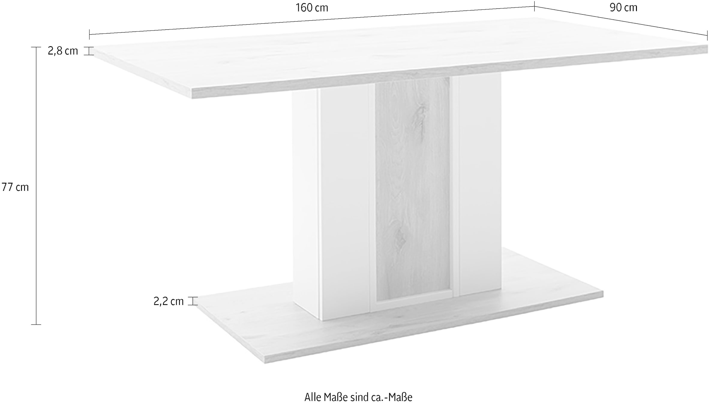 MCA furniture Säulen-Esstisch »SANTERNO Esstisch mit Bodenplatte«, Tisch, Soft White/Viking Oak, mit Säule, belastbar 50kg, Breite 160 cm