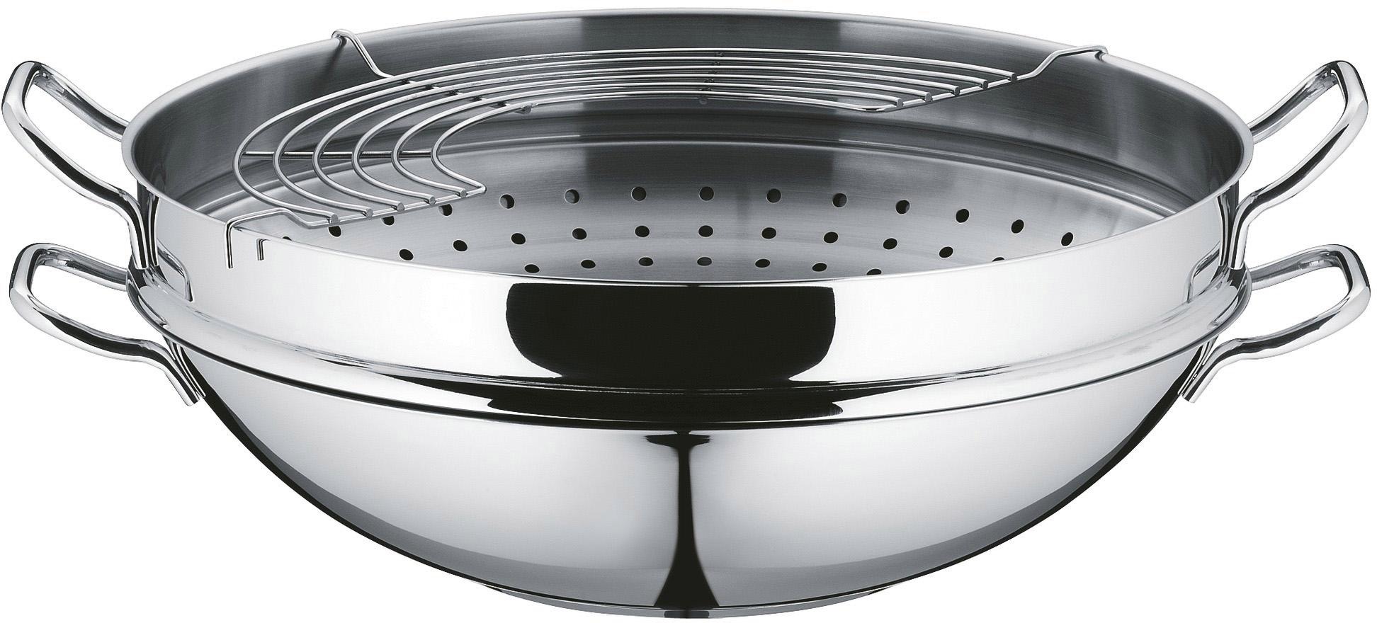 WMF Wok »Wokpfanne Macao 36 cm, Induktion«, Cromargan® Edelstahl Rostfrei 18/10, (Set, 4 tlg., 1 x Wok mit Glasdeckel, Dämpfeinsatz, Rezeptheft), für alle Herdarten geeignet, scharfes Anbraten bei hohen Temperaturen