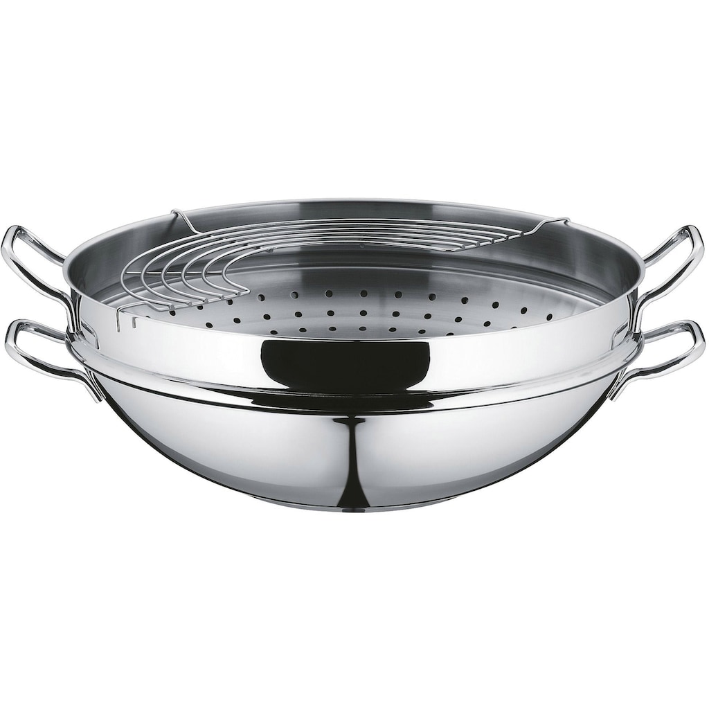 WMF Wok »Macao«, Cromargan® Edelstahl Rostfrei 18/10, (Set, 4 tlg., 1 x Wok mit Glasdeckel, Dämpfeinsatz, Rezeptheft)