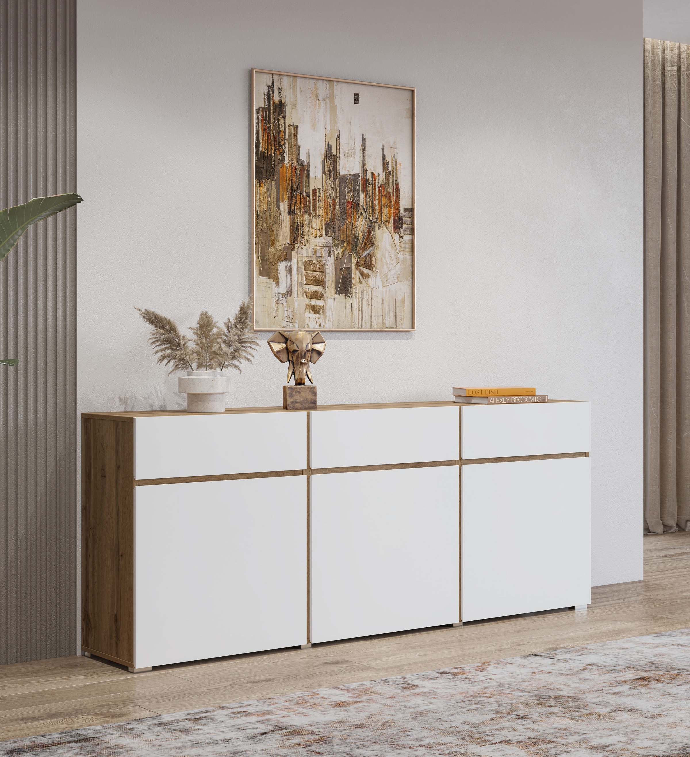 INOSIGN Kommode »Cross,Breite 180 cm, moderne grifflose Kommode,3 Türen/3 Schubkästen«, Schubladenschrank mit viel Stauraum, Einlegeböden verstellbar