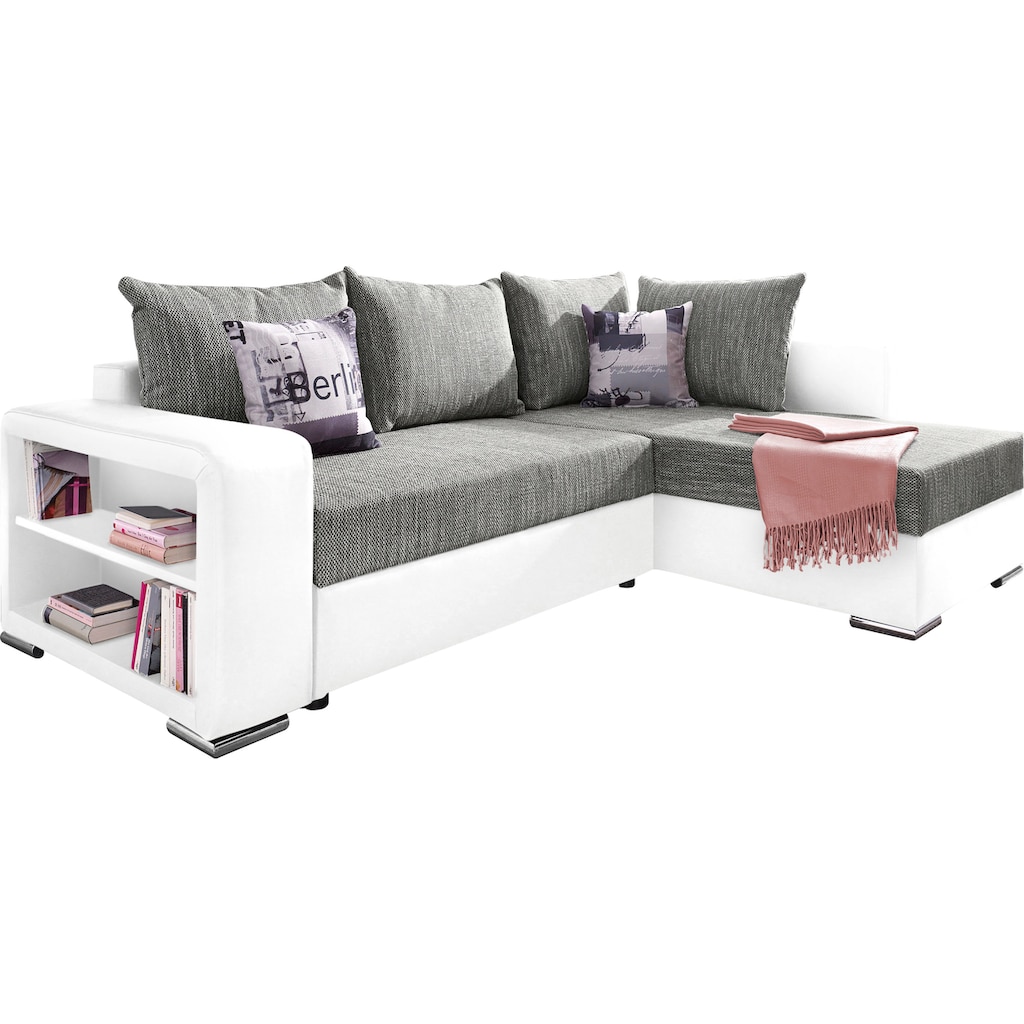 Ecksofa John mit Bettfunktion, Bettkasten und Regalarmteil