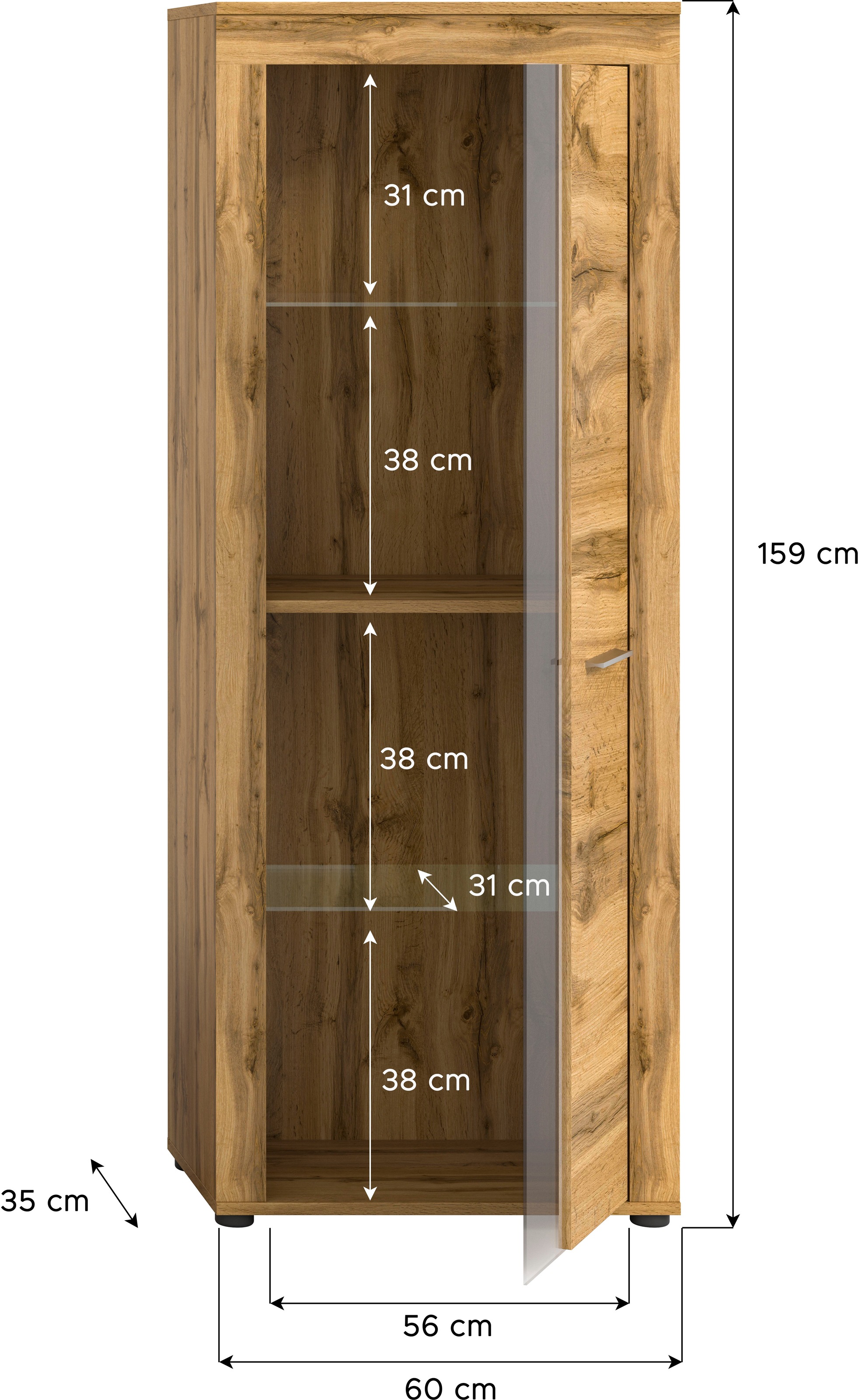 INOSIGN Vitrine »Aosta, Höhe 159 cm, in verschiedenen Farbausführungen«, 1 Tür, 3 Einlegeböden, 4 Fächer, Wohnzimmer, Standvitrine, Glasvitrine