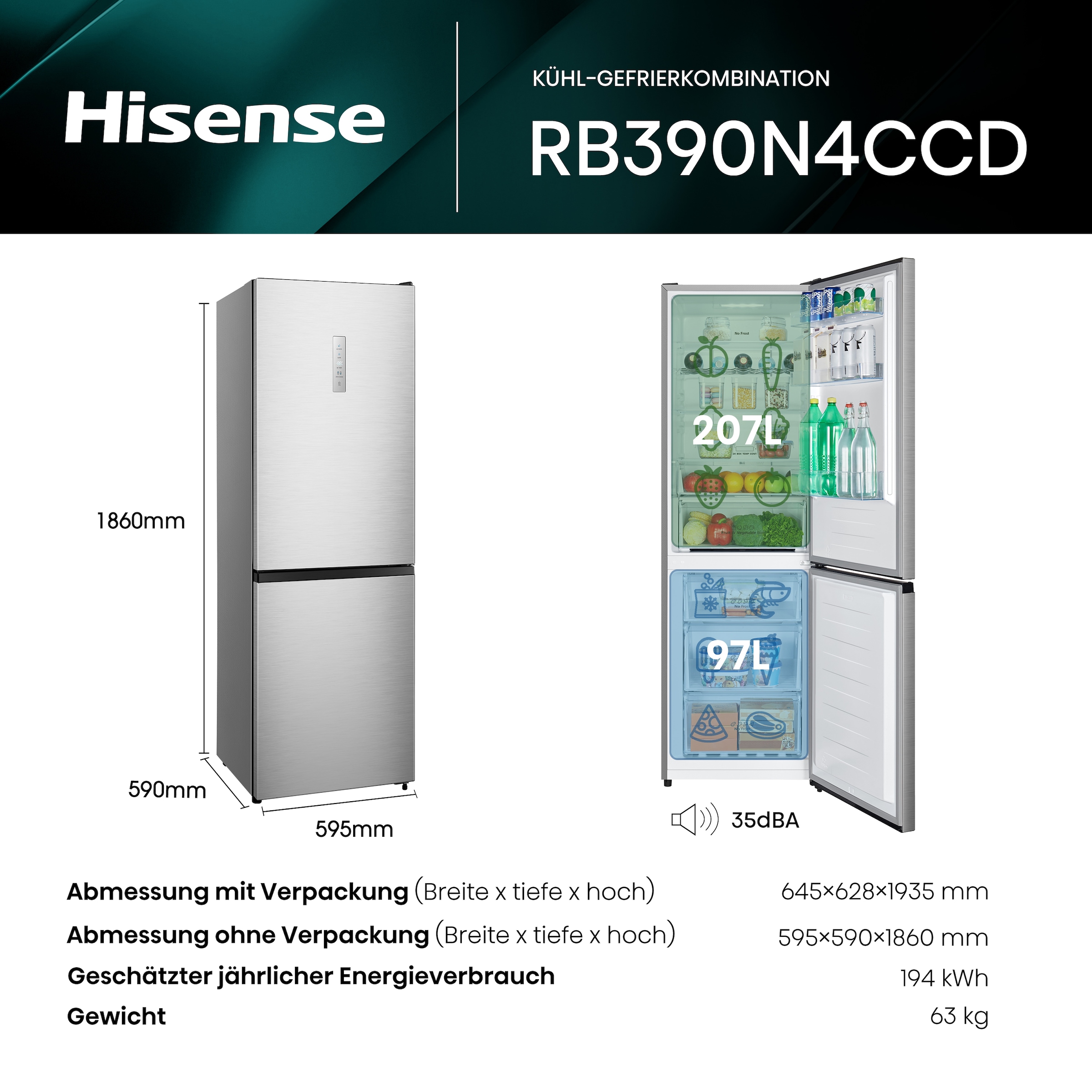 Hisense Kühl-/Gefrierkombination »RB390N4C«, RB390N4CCD, 186 cm hoch, 59,5 cm breit, Außen-Display