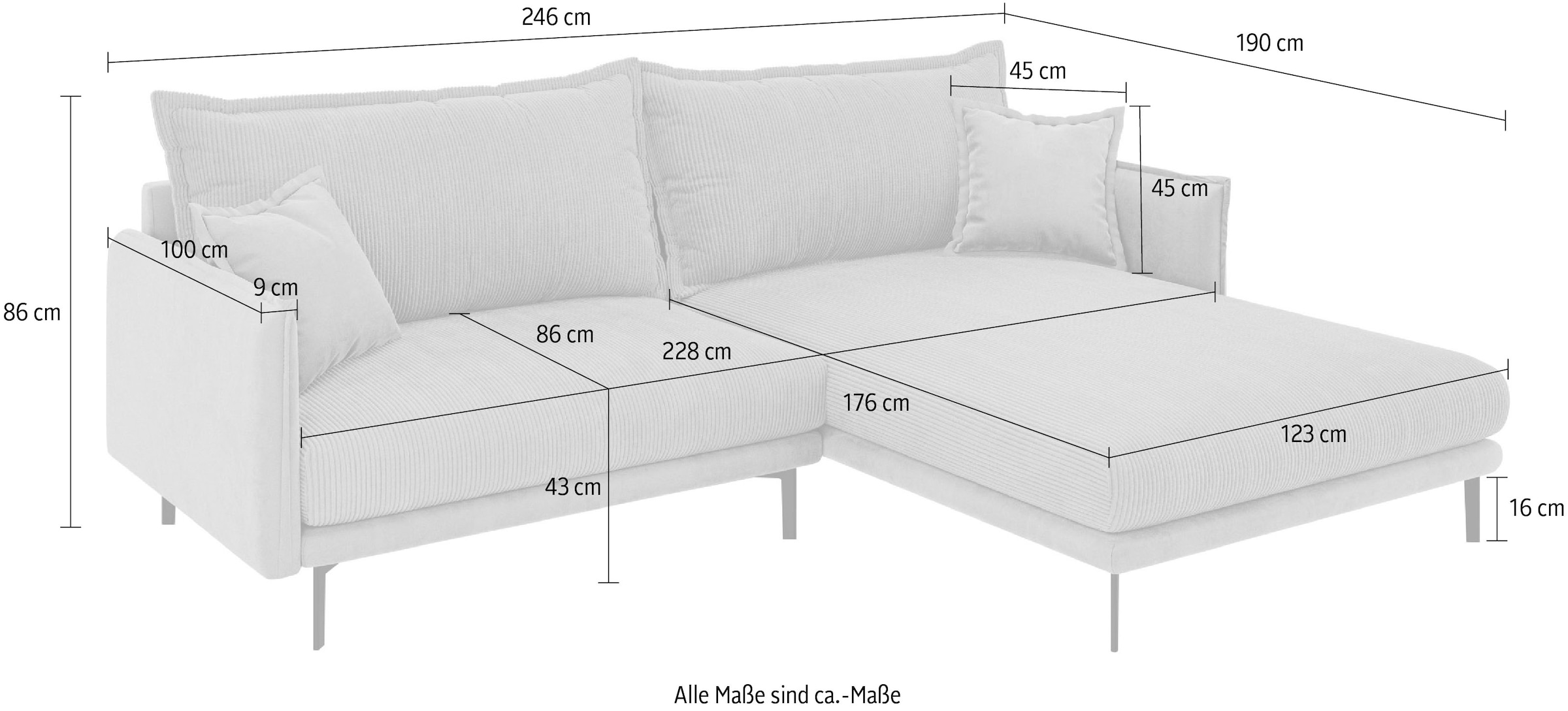 INOSIGN Ecksofa »ALEXANDRIA mit Recamiere rechts oder links bestellbar, moderne Bezüge«, L-Form mit Wellenunterfederung, Maße: B/H/T 246/86/190 cm