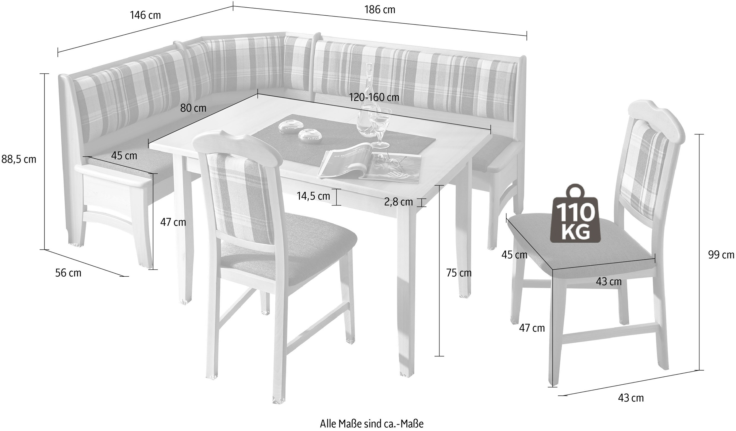 SCHÖSSWENDER Essgruppe »Tulln«, Eckbank ist umstellbar, hat eine Truhe, Tisch mit Auszug 120(160) cm