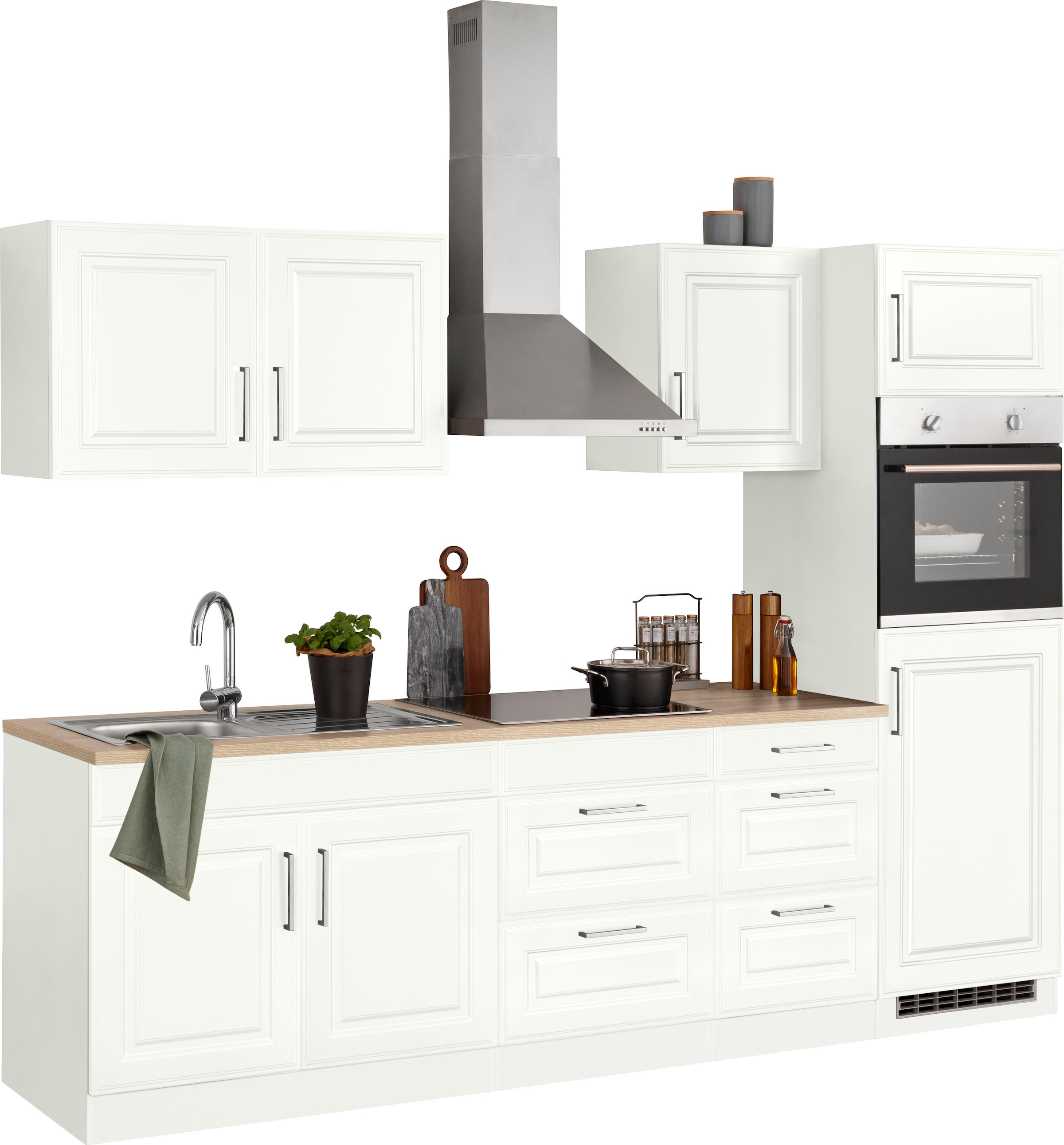 KOCHSTATION Küchenzeile »KS-Stockholm – Küche mit hochwertiger und detailreicher Landhausfront« Breite 270 cm, wahlweise mit E-Geräten,mit MDF-Fronten