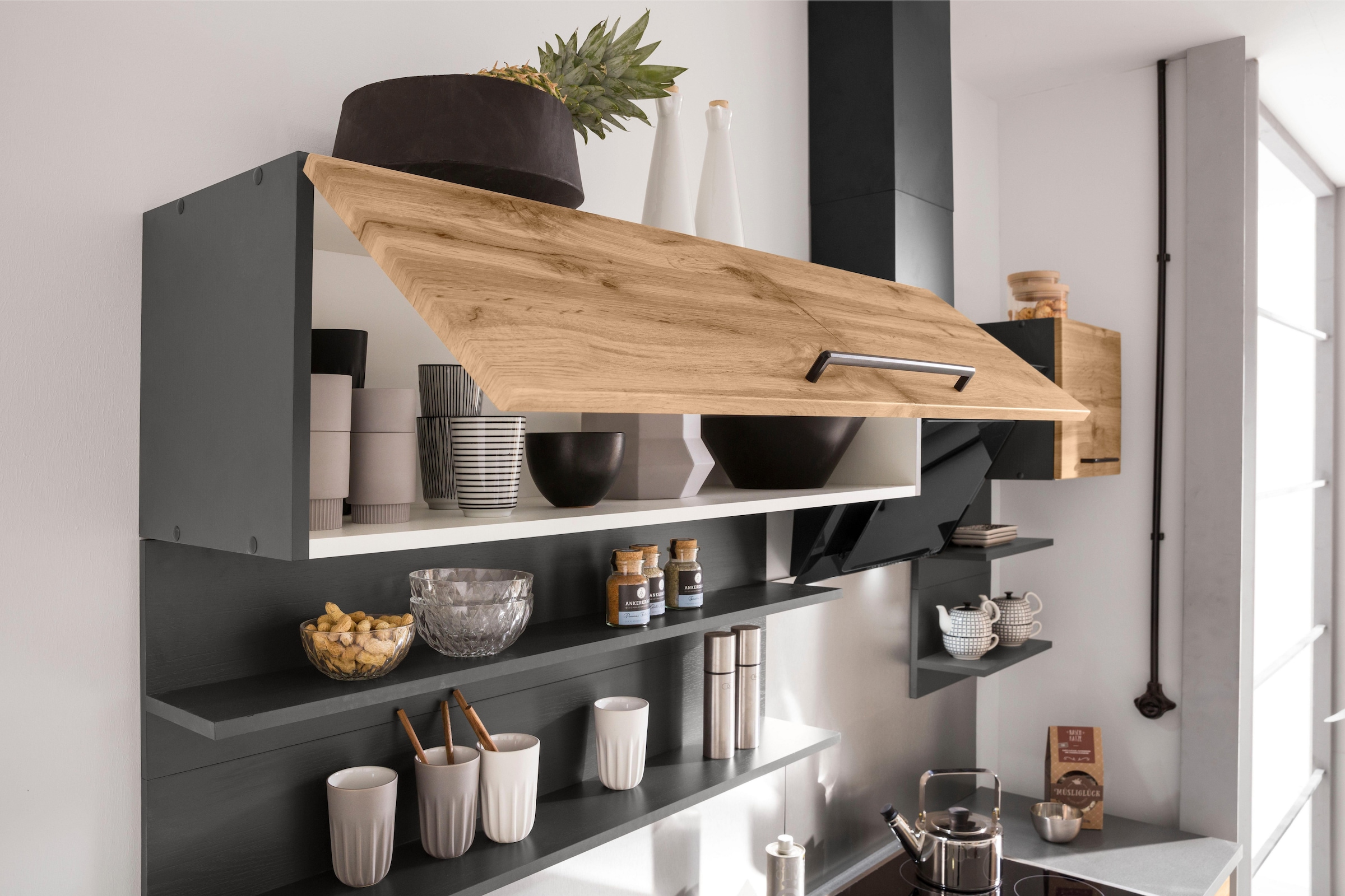 KOCHSTATION Küchenzeile »KS-Tulsa«, mit E-Geräten, Breite 210 cm, schwarze Metallgriffe, MDF Fronten