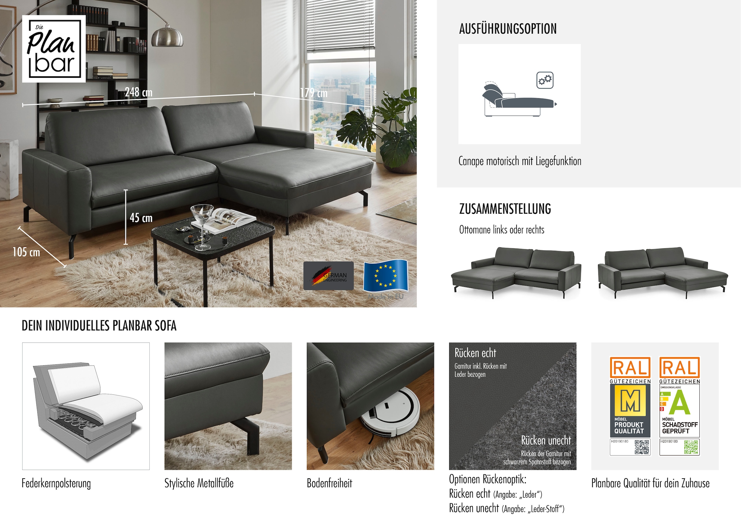 Die PlanBar Ecksofa »PN-EM20028 L-Form ohne Kopfstützen« wahlweise mit motorischem Canape