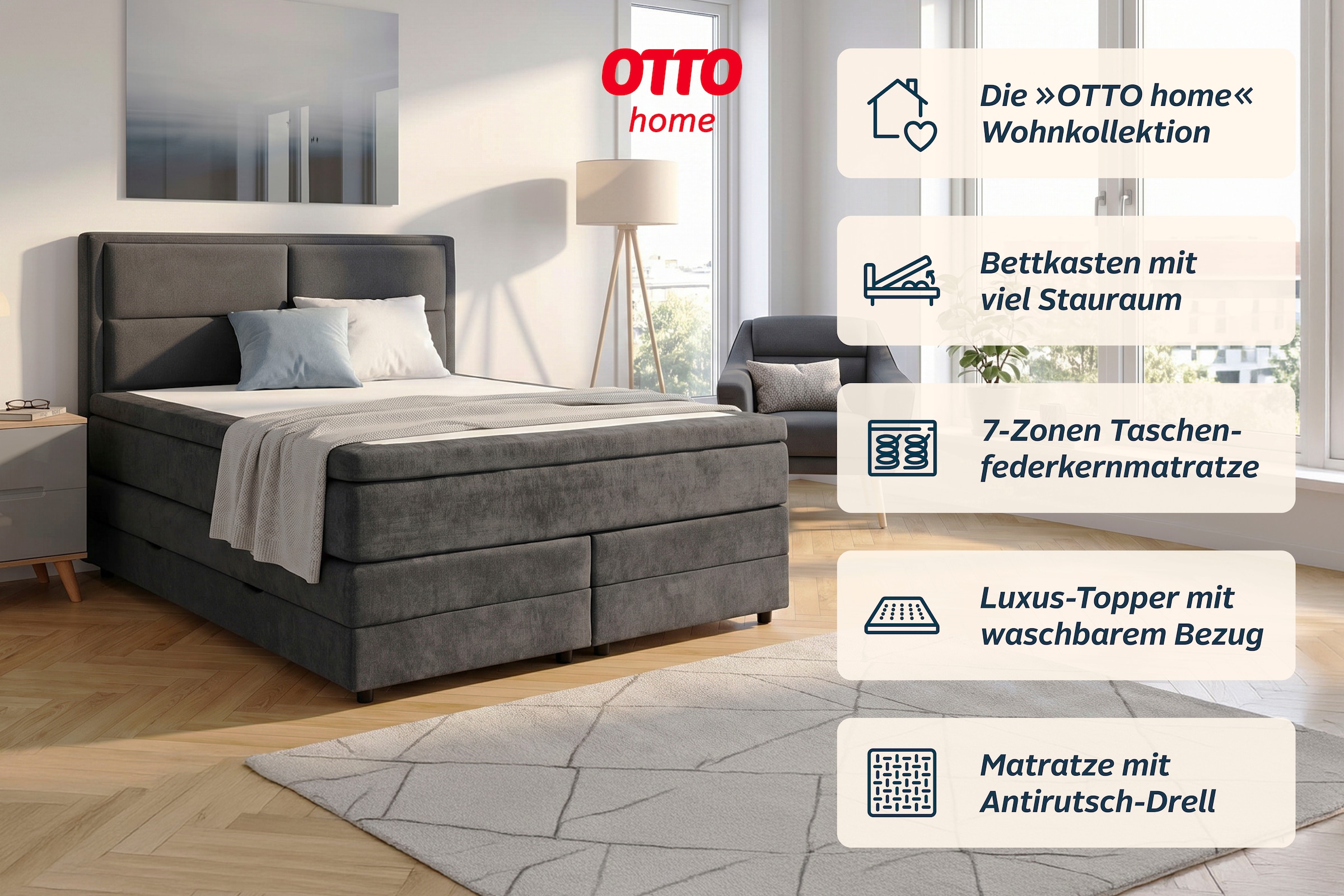 OTTO home Boxspringbett »FYNNA Polsterbett mit Bettkasten & 7-Zonen-Taschenfederkernmatratze H3« mit 7 cm Komfortschaum-Topper, Chenille-Bezug, Liegefläche 140x200 cm