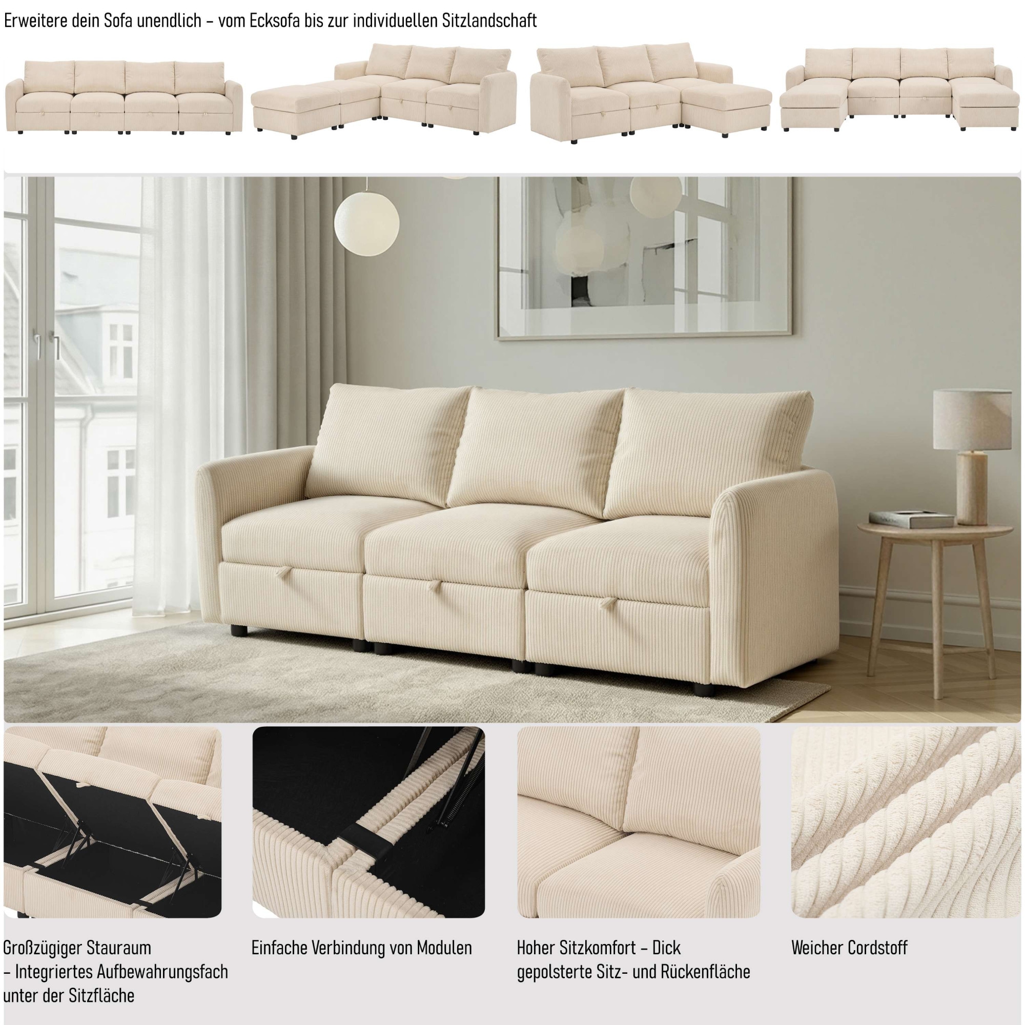 Dorel Home 3-Sitzer »STILHUS Modularsofa mit Stauraum, Breite 220 cm, Cord-Bezug« als Modul oder separat verwendbar - individuell kombinierbar