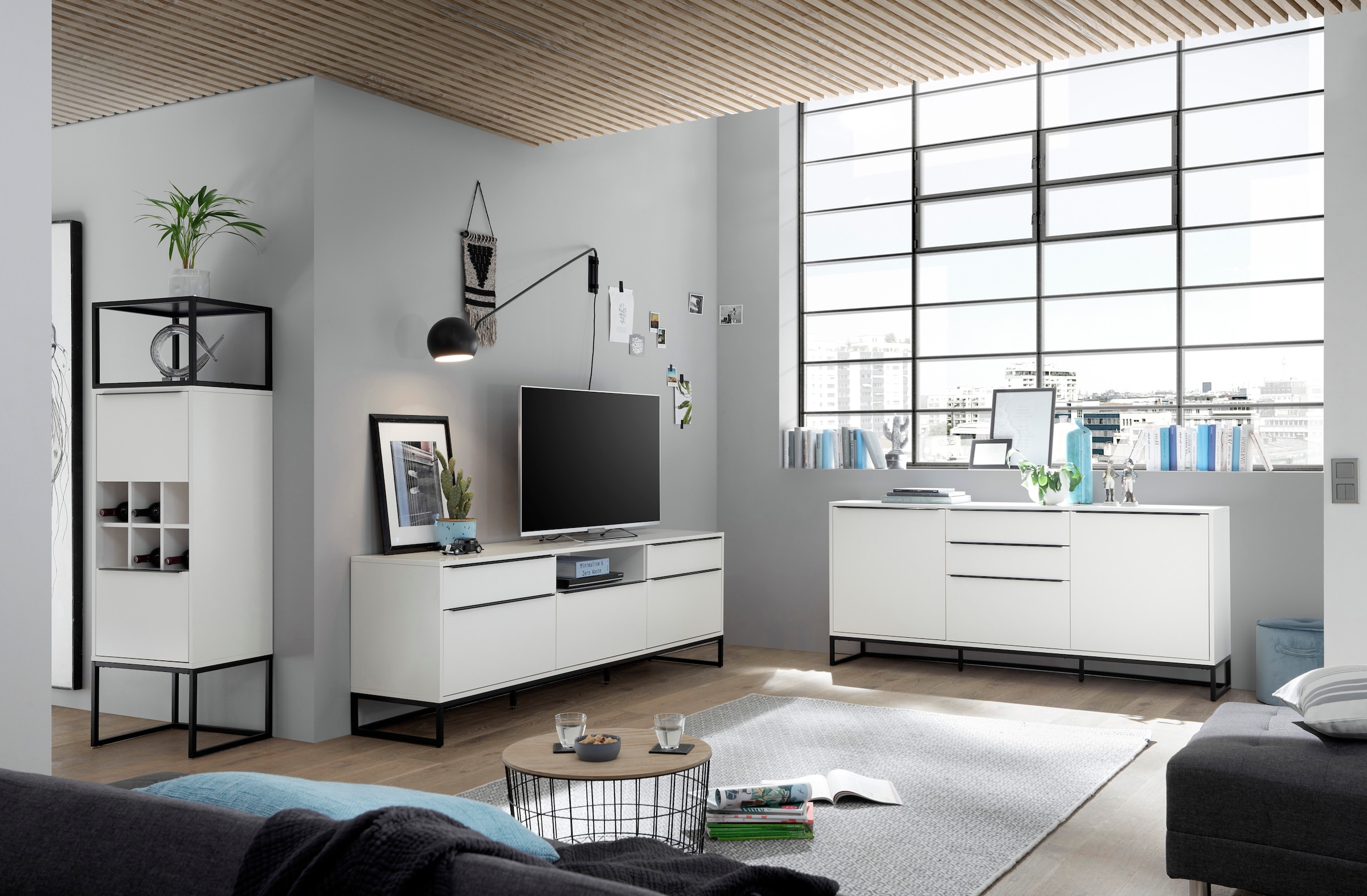 HBZ Highboard »Lille«, (1 St.), mit LED-Beleuchtung, Wohnzimmerschrank in Eiche Artisan NB