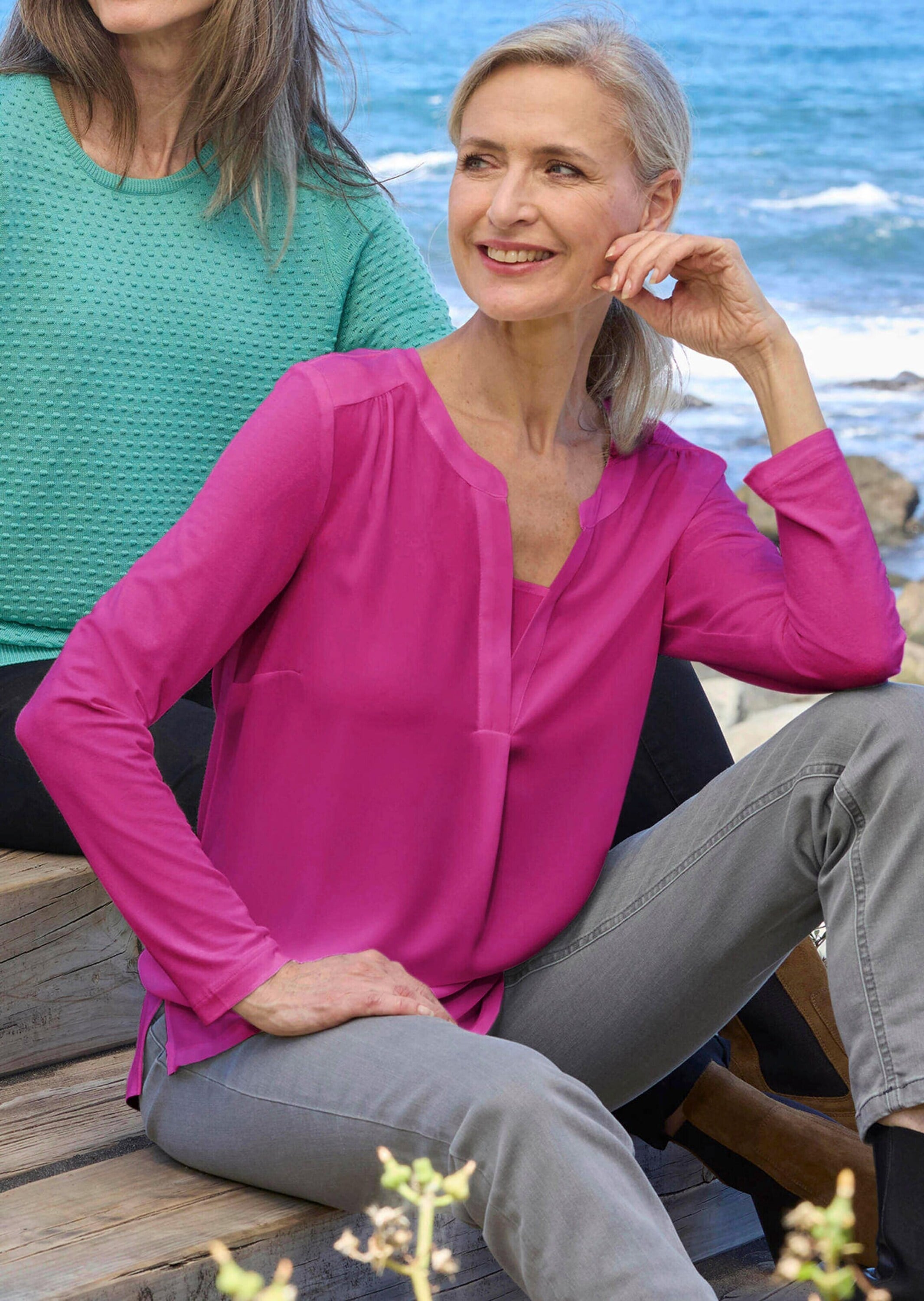 GOLDNER Kurzarmbluse »Elegantes Chiffonshirt mit Jersey-Details« Schlitz
