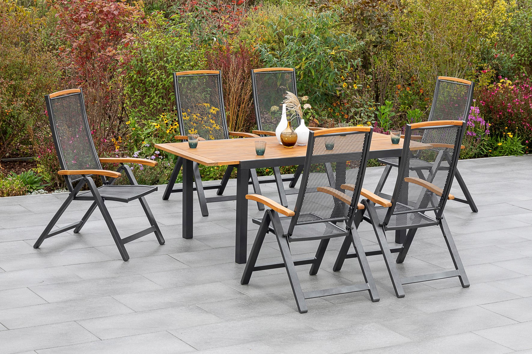 MERXX Garten-Essgruppe "Tilos" 7 Stk. tlg. 6 Klappsessel mit ausziehbarem Tisch