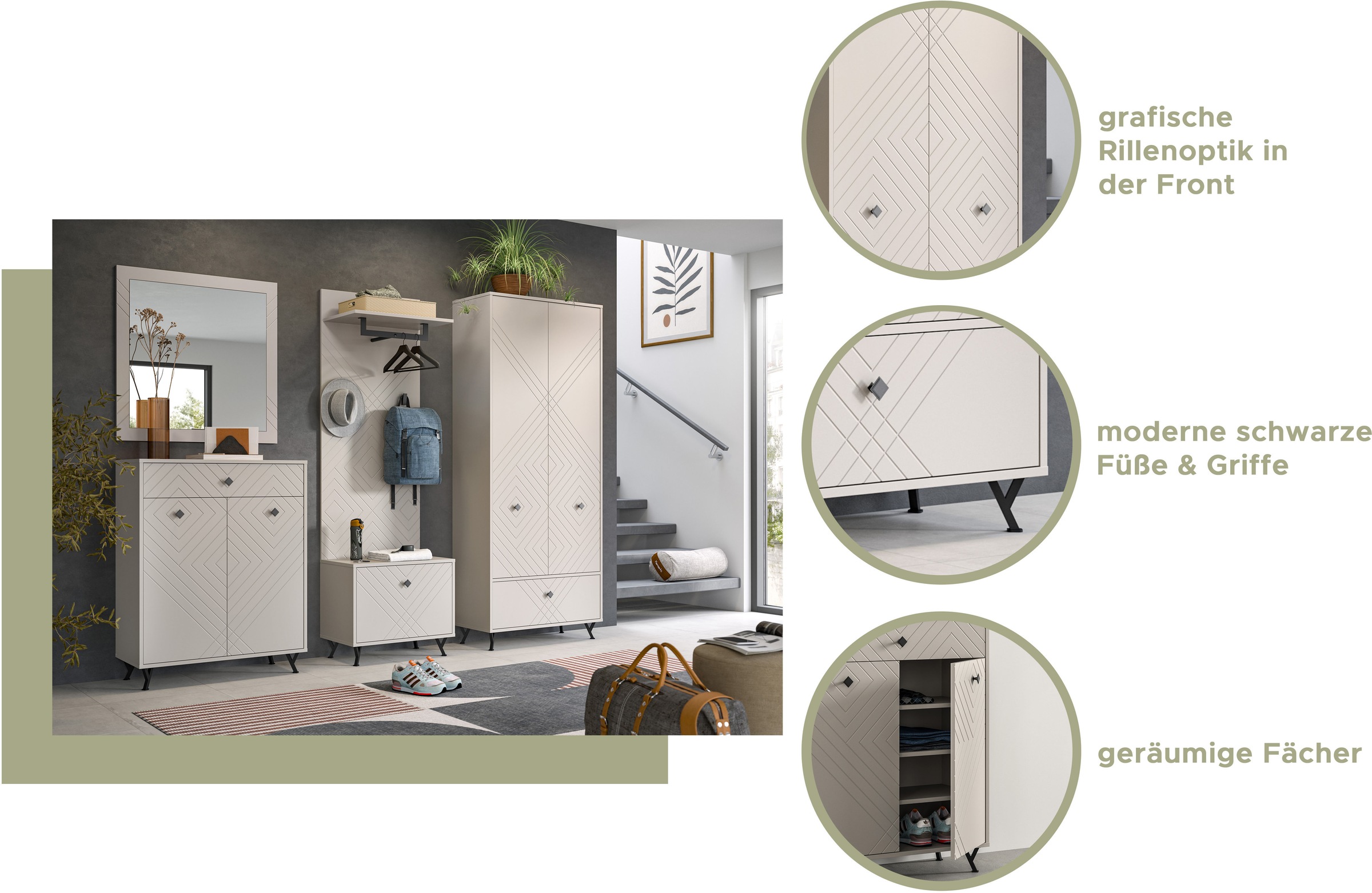 INOSIGN Garderoben-Set »Mento, 4-teilig, Ornamentfräsung in der Front, bestehend aus:«, (Set, 4 St.), Kommode, Spiegel, Sitzbank & Garderobenpaneel, Metall Griffe & Füße