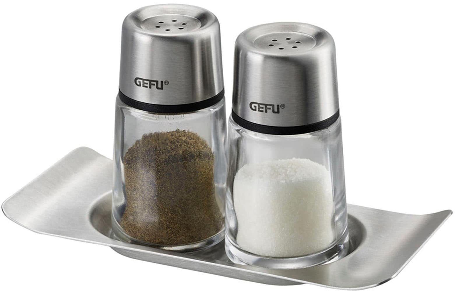 Gefu Brunch Table Salt & Pepper Shakers with Steel Base in Clear