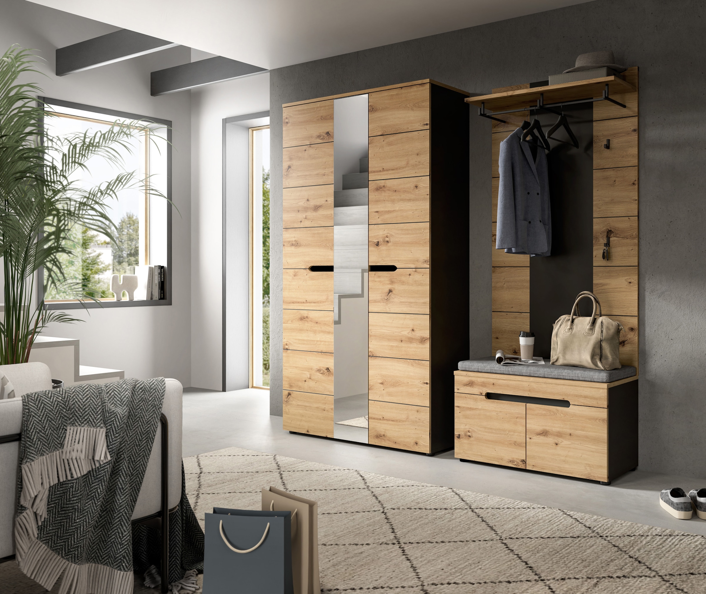 Home affaire Garderoben-Set »REHAT, TOPSELLER!, 4-teilig, Breite 200 cm, individuell stellbar« Set, best. aus: Garderobenschrank, Sitzbank, Sitzkissen & Garderobenpaneel, 4 Stk. tlg.