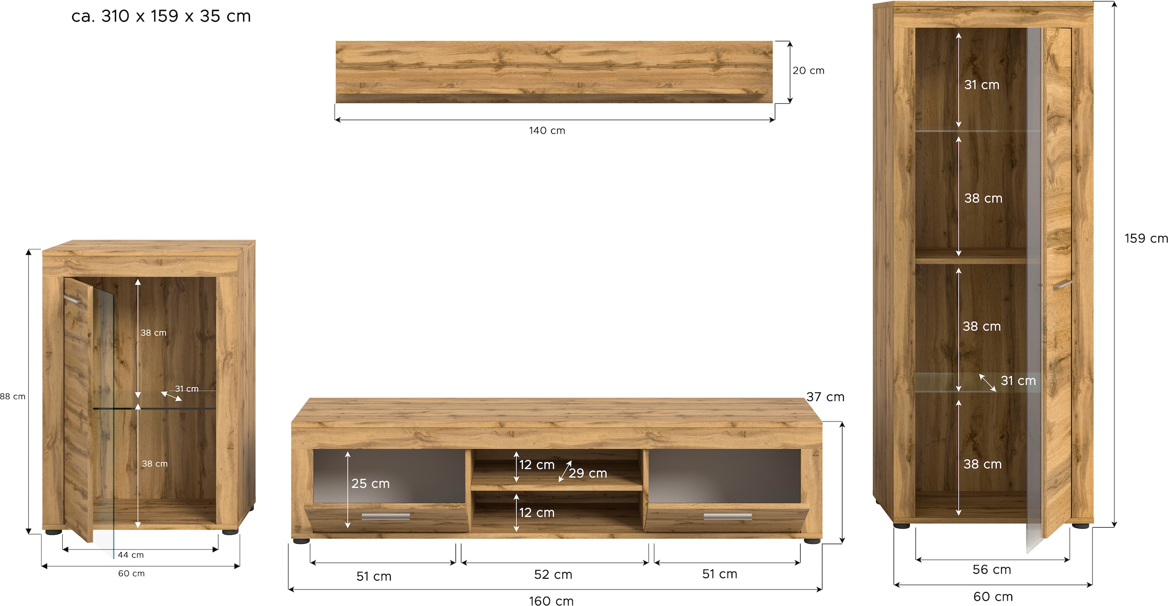 INOSIGN Wohnwand »Aosta, 4-tlg., best. aus: Vitrine, Lowboard, Wandboard & Vitrine hoch«, (4 St.), Wohnwand, Kombination, Anbauwand, Möbel Set, Schrankwand, Möbel Kombi