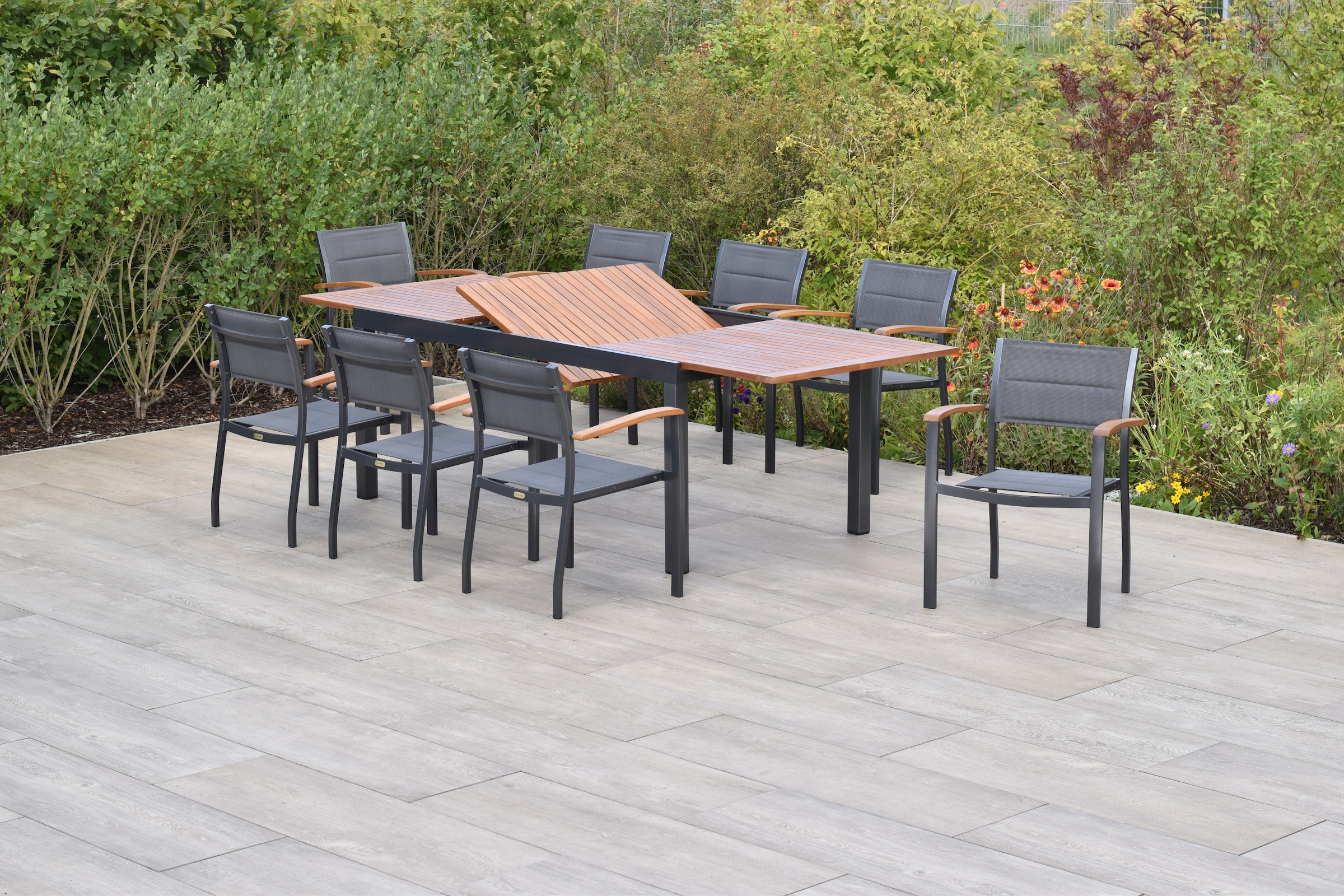 MERXX Garten-Essgruppe »»Paxos««, (Set, 9 tlg., Gepadded, pulverbeschichtetes Aluminiumgestell), Ausziehtisch: LxB: 180-250 x 100 cm