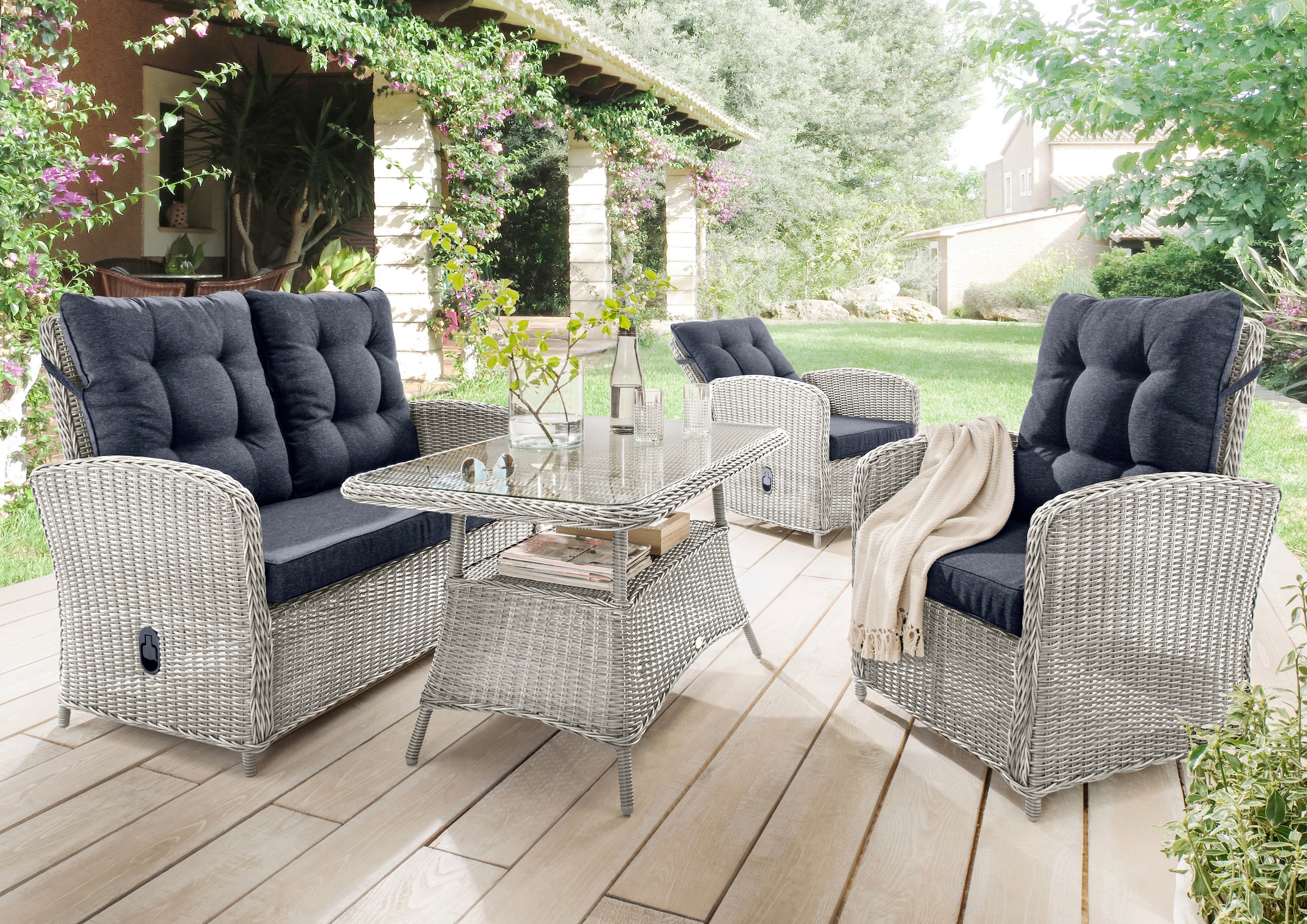 Destiny Gartenlounge-Set »MERANO«, (11 tlg., 1x 2er Sofa, 2x Sessel, 1x Tisch, inkl. Auflagen), Aluminium, Polyrattan