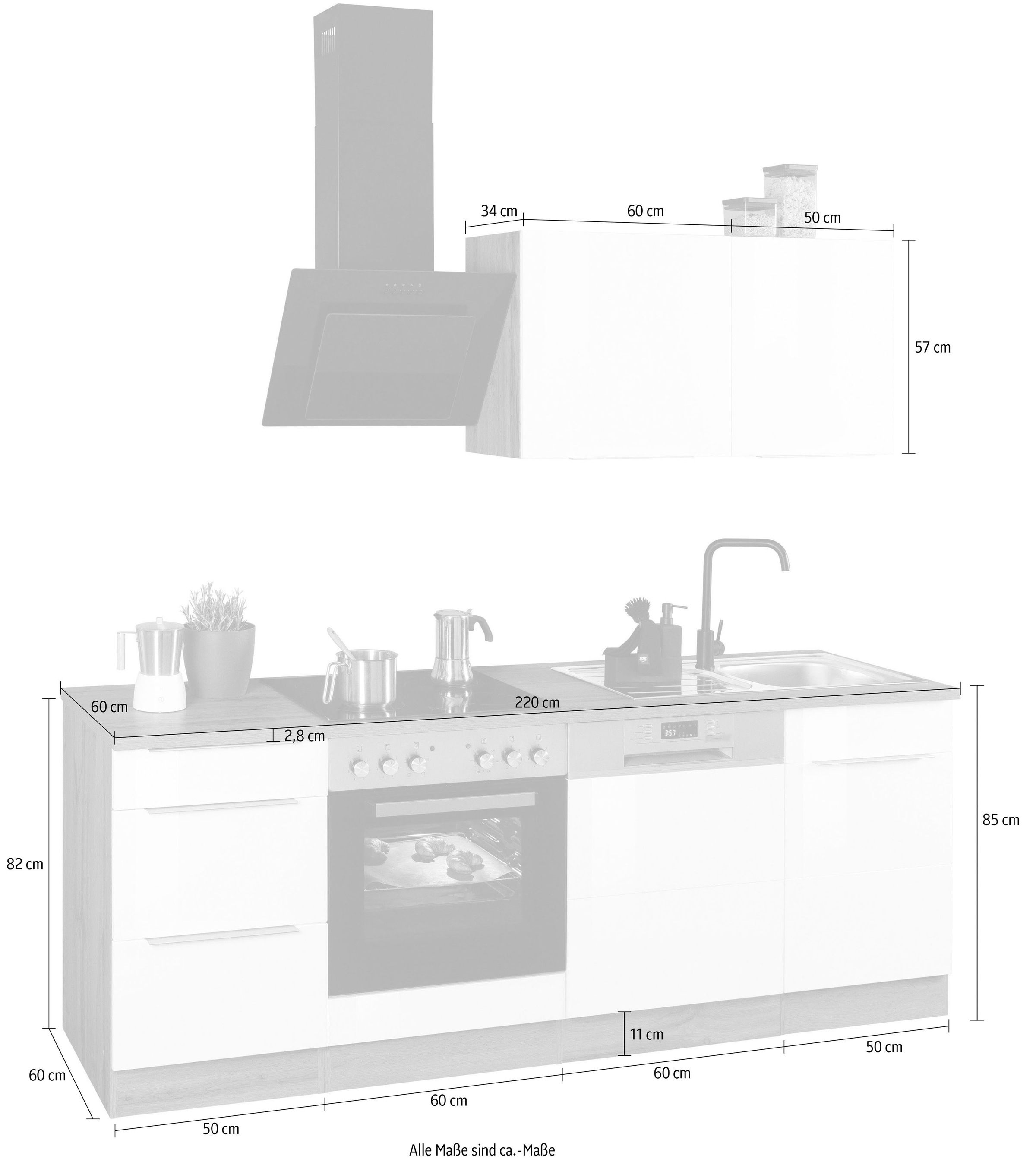 KOCHSTATION Küchenzeile »KS-Brindisi«, Breite 220 cm, wahlweise mit E-Geräten, mit MDF-Fronten