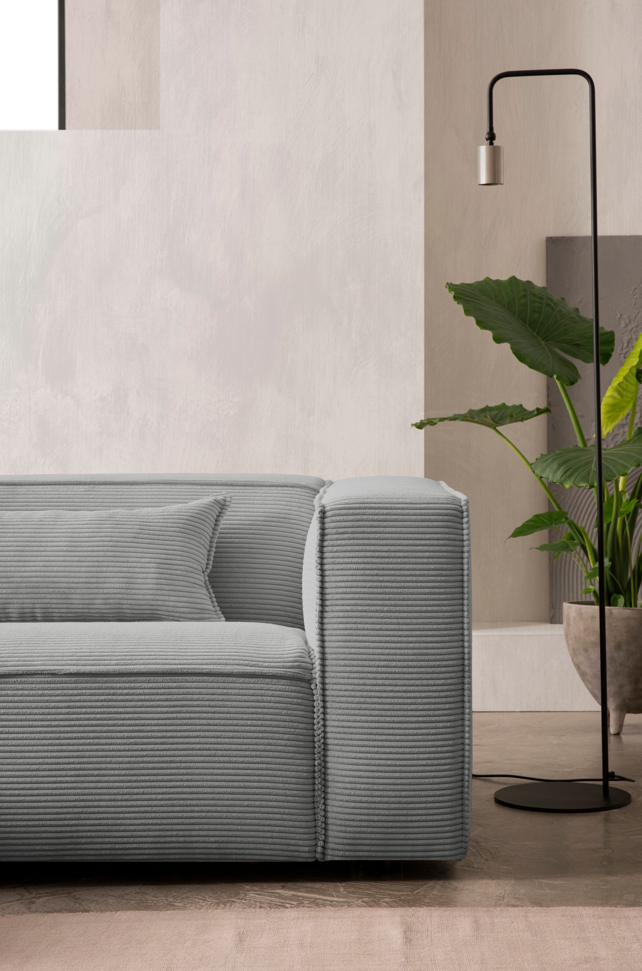LeGer Home by Lena Gercke Ecksofa »PIARA mit Kedernaht in Cord oder Leinenoptik, moderne Couch in L-Form«, wahlweise Ottomane rechts/links, schwarze Füße, bequemer Sitzkomfort